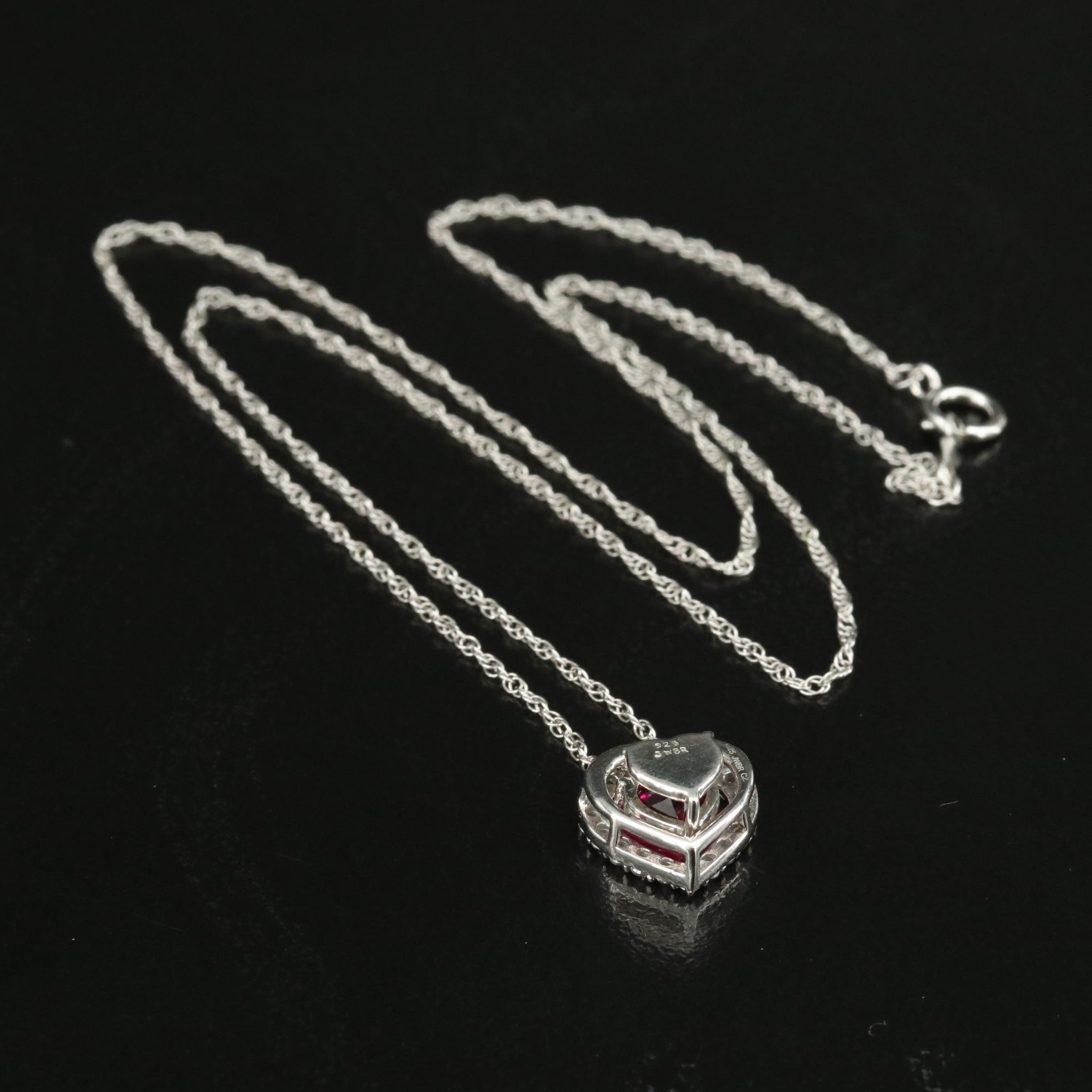Sterling Ruby and Cubic Zirconia Heart Pendant Necklace