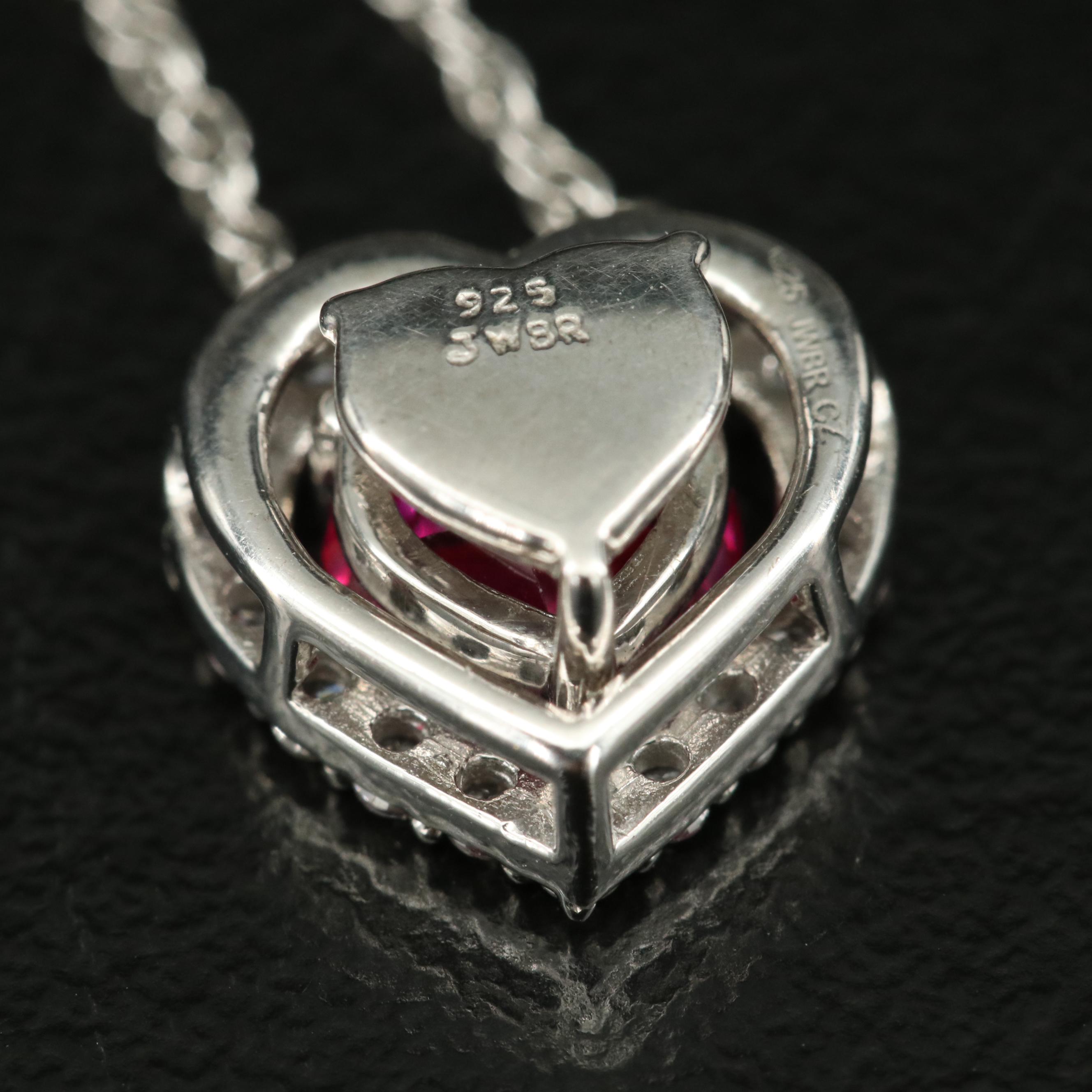 Sterling Ruby and Cubic Zirconia Heart Pendant Necklace