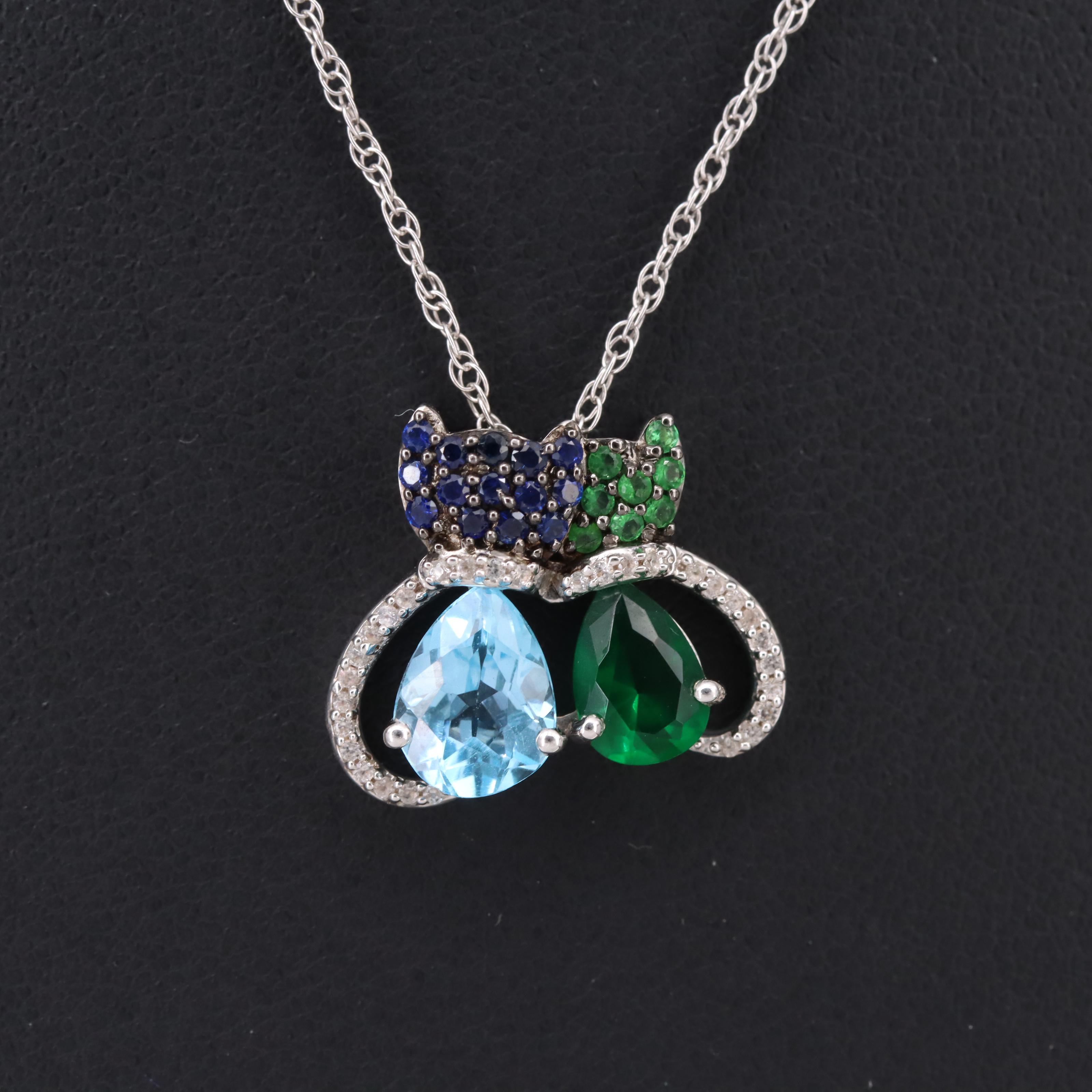 Sterling Cats Pendant Necklace with Sky Blue Topaz and Sapphire