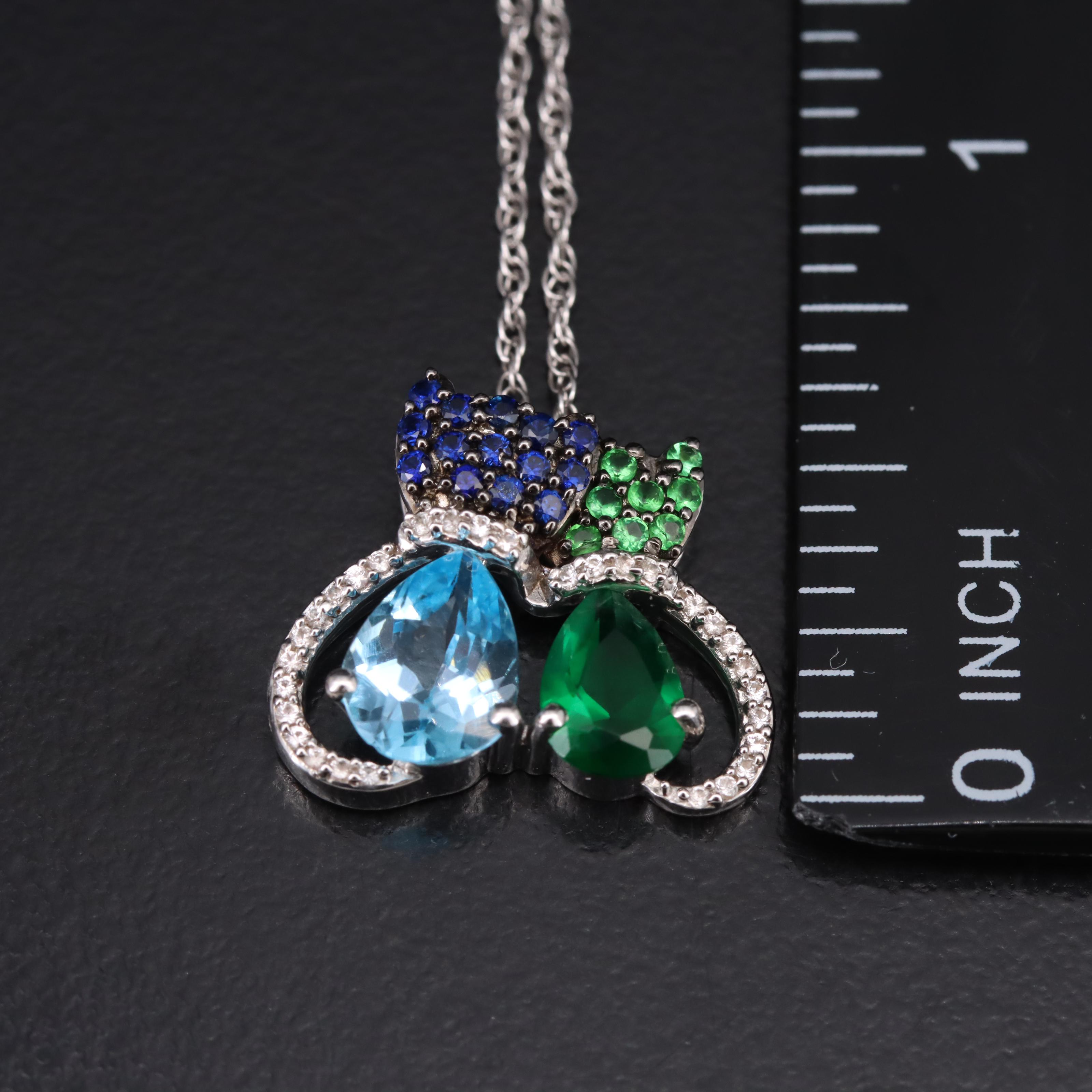 Sterling Cats Pendant Necklace with Sky Blue Topaz and Sapphire