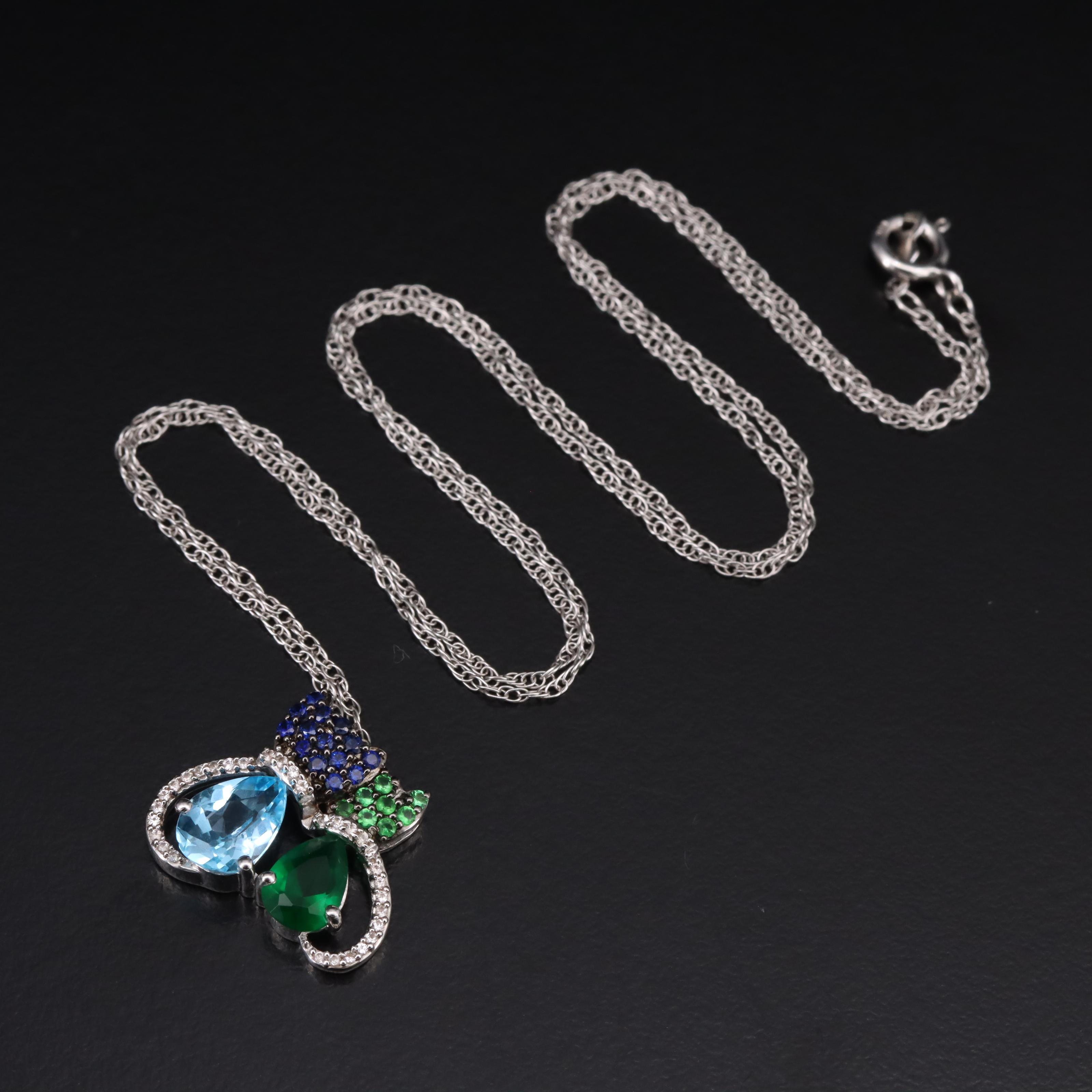 Sterling Cats Pendant Necklace with Sky Blue Topaz and Sapphire