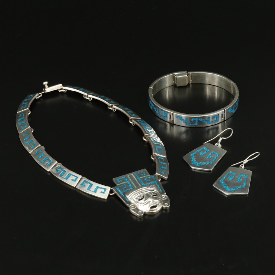 Mexican Sterling Chip Stone Necklace, Bracelet and Earring Set