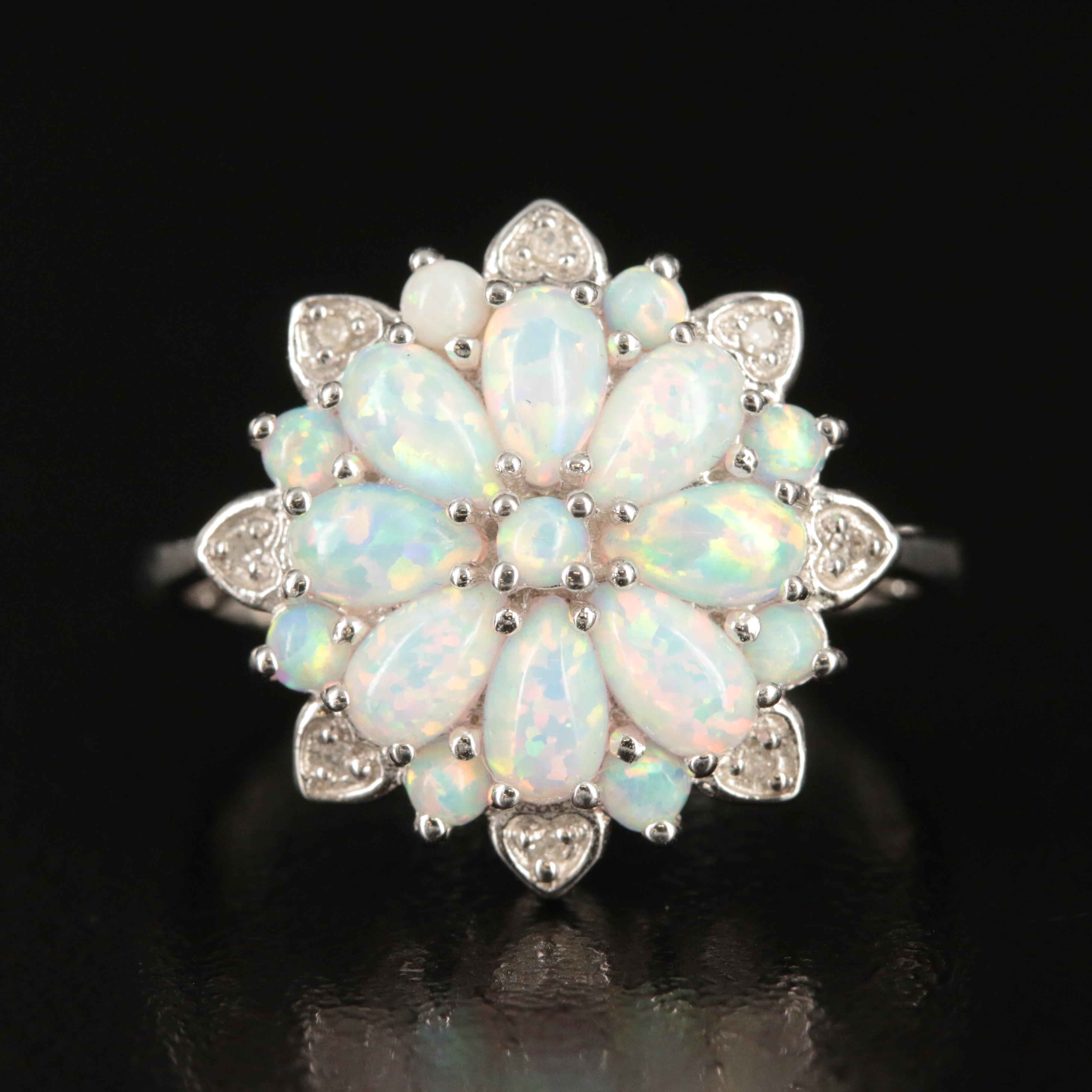 Sterling Opal and Diamond Flower Ring