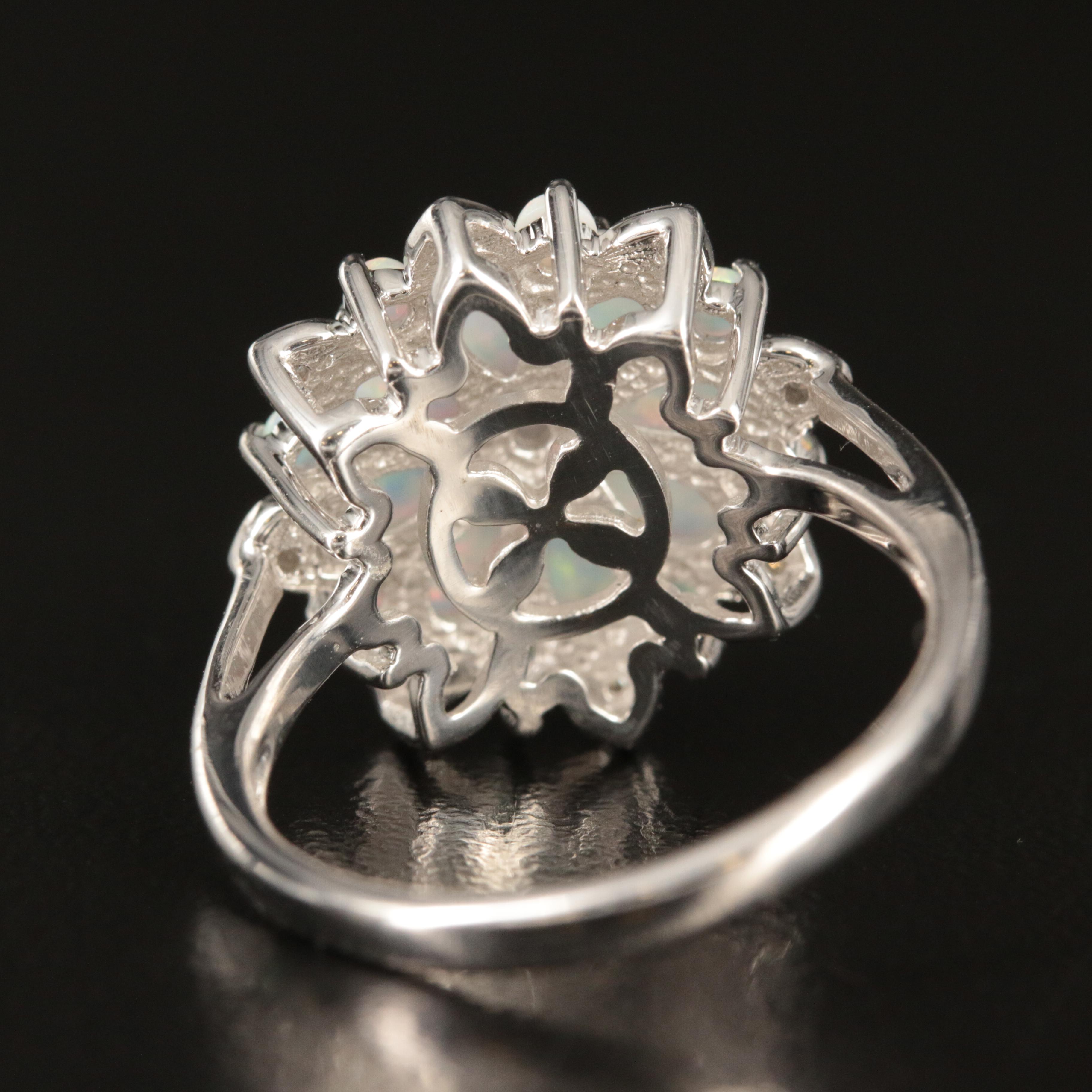 Sterling Opal and Diamond Flower Ring