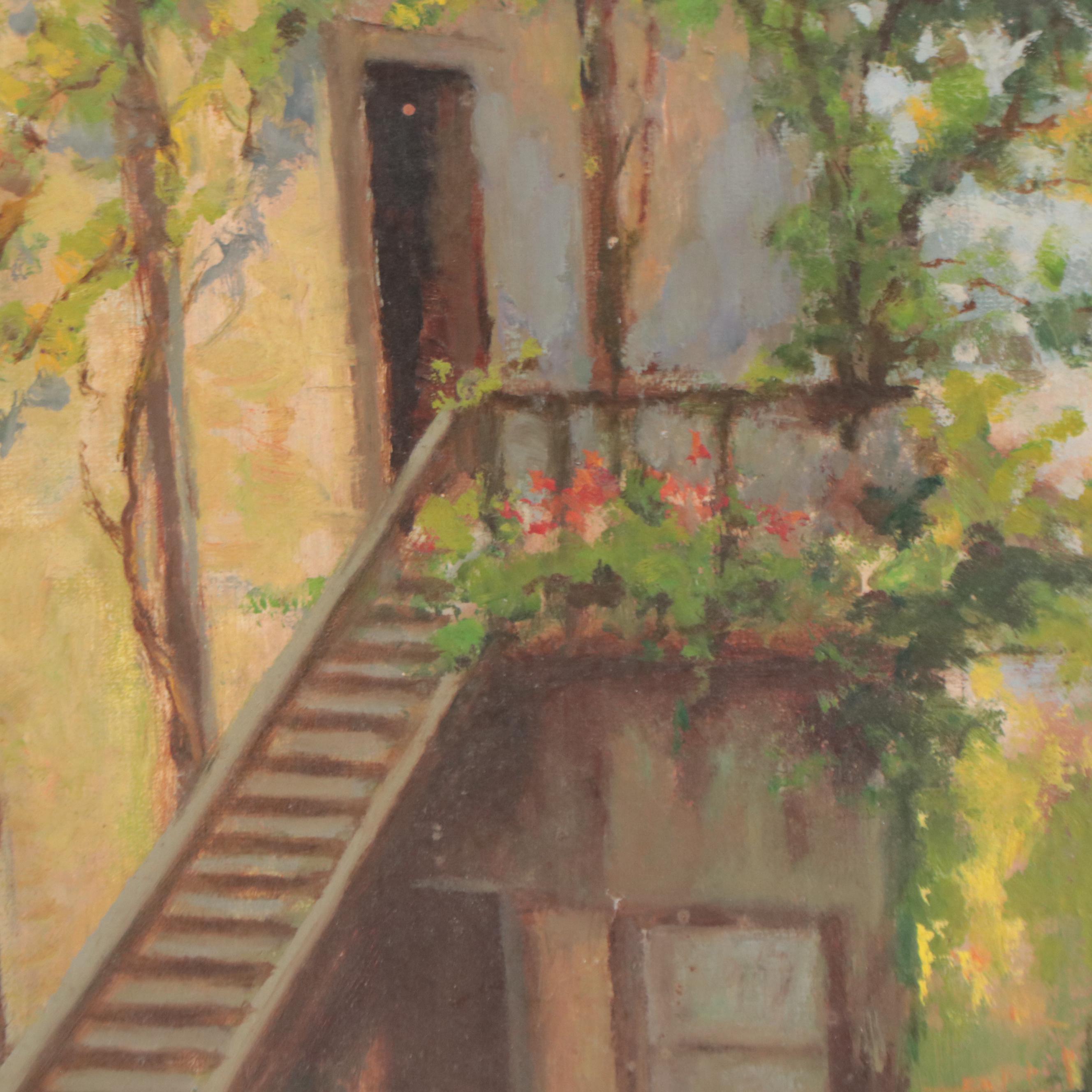 Oil Painting of Rustic Exterior Scene With Chickens, 1960
