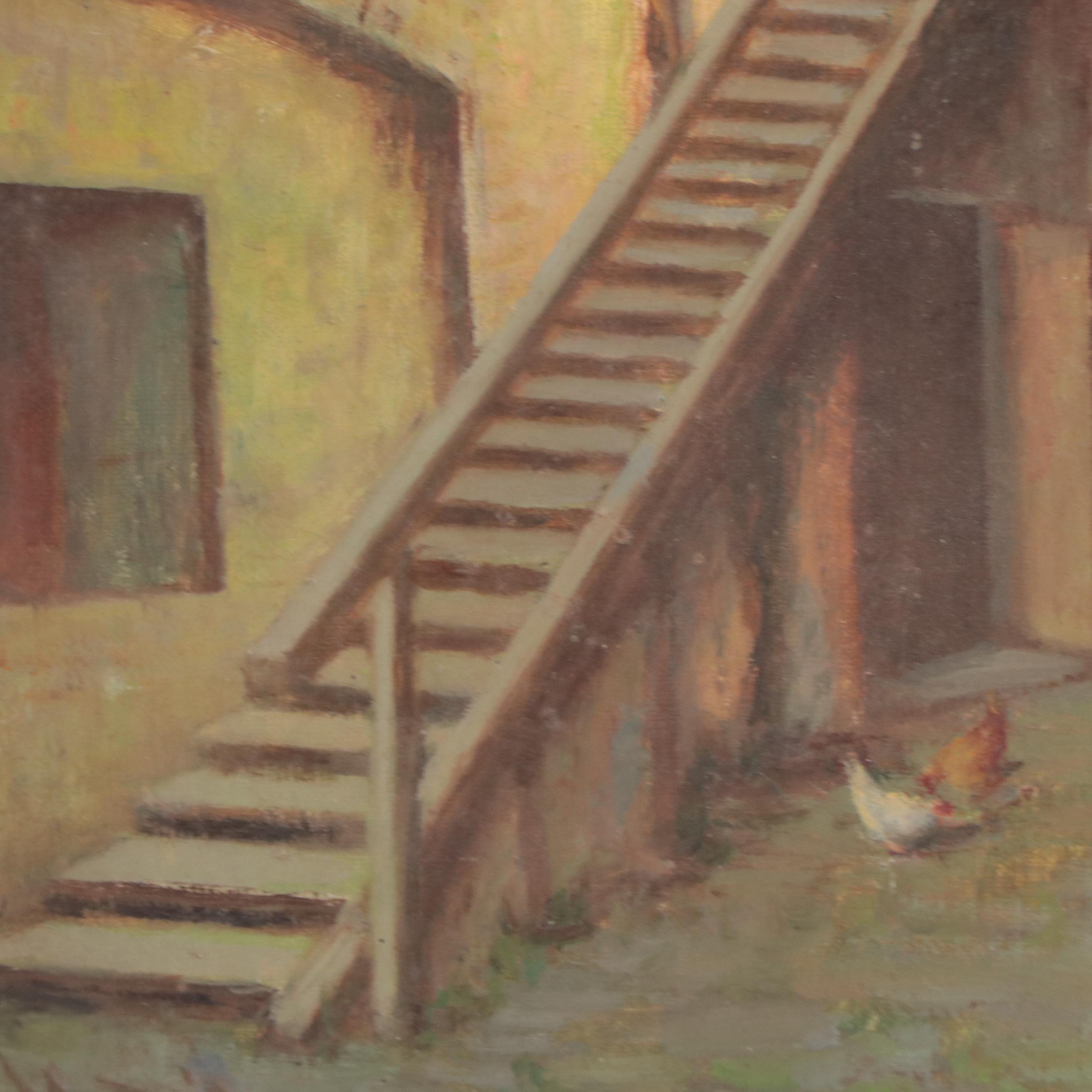 Oil Painting of Rustic Exterior Scene With Chickens, 1960