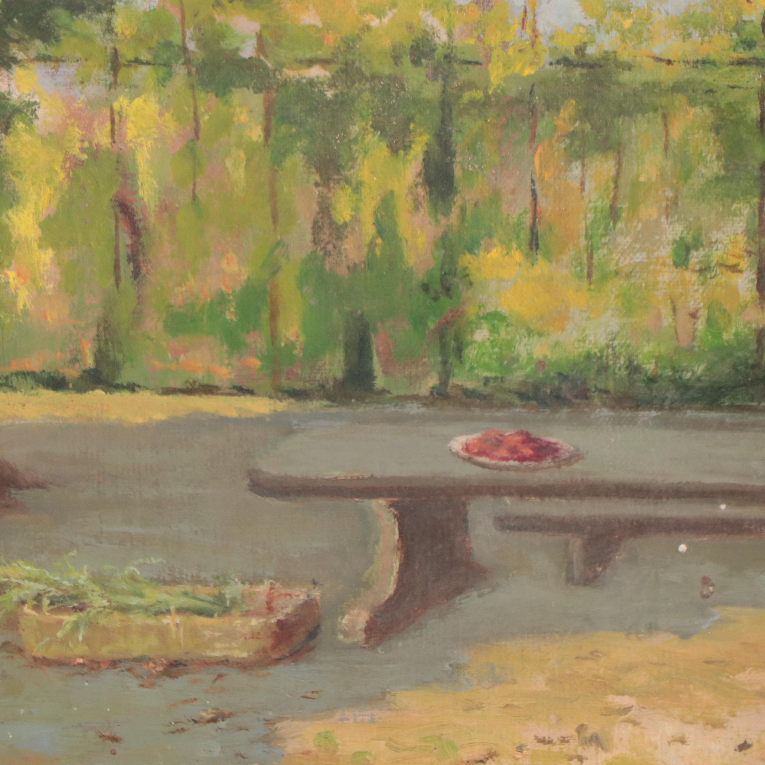 Oil Painting of Rustic Exterior Scene With Chickens, 1960