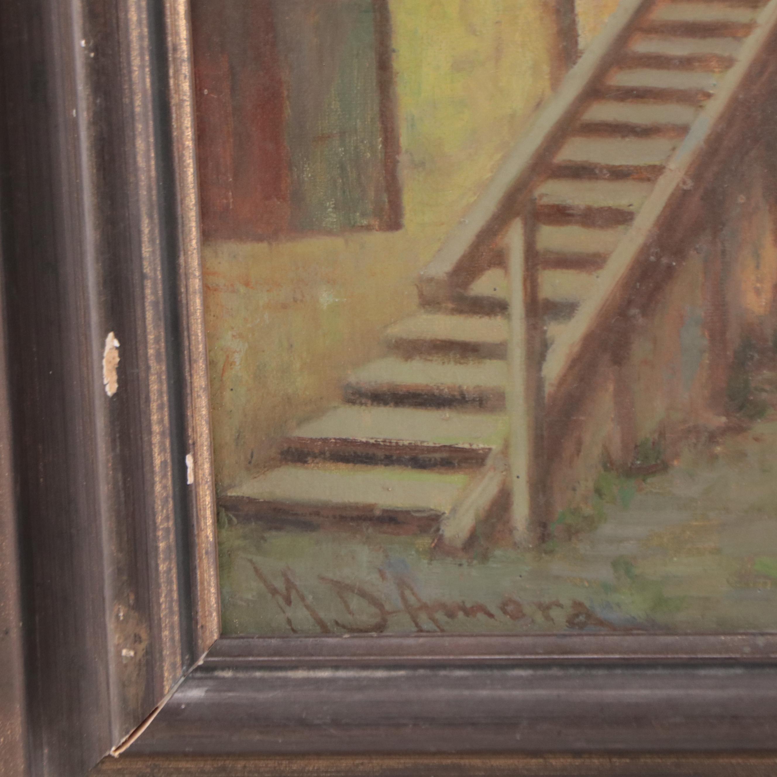 Oil Painting of Rustic Exterior Scene With Chickens, 1960