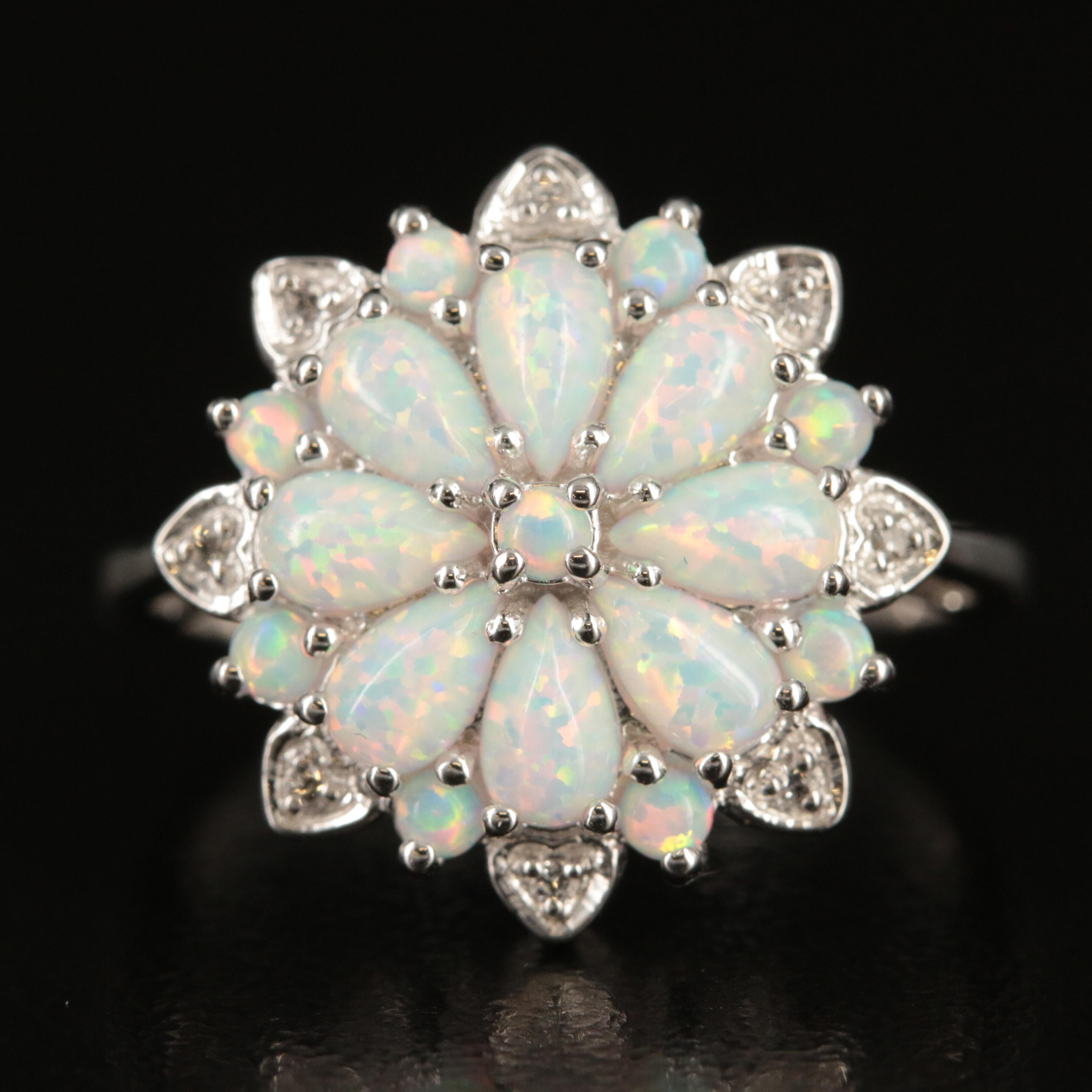Sterling Opal and White Sapphire Flower Ring