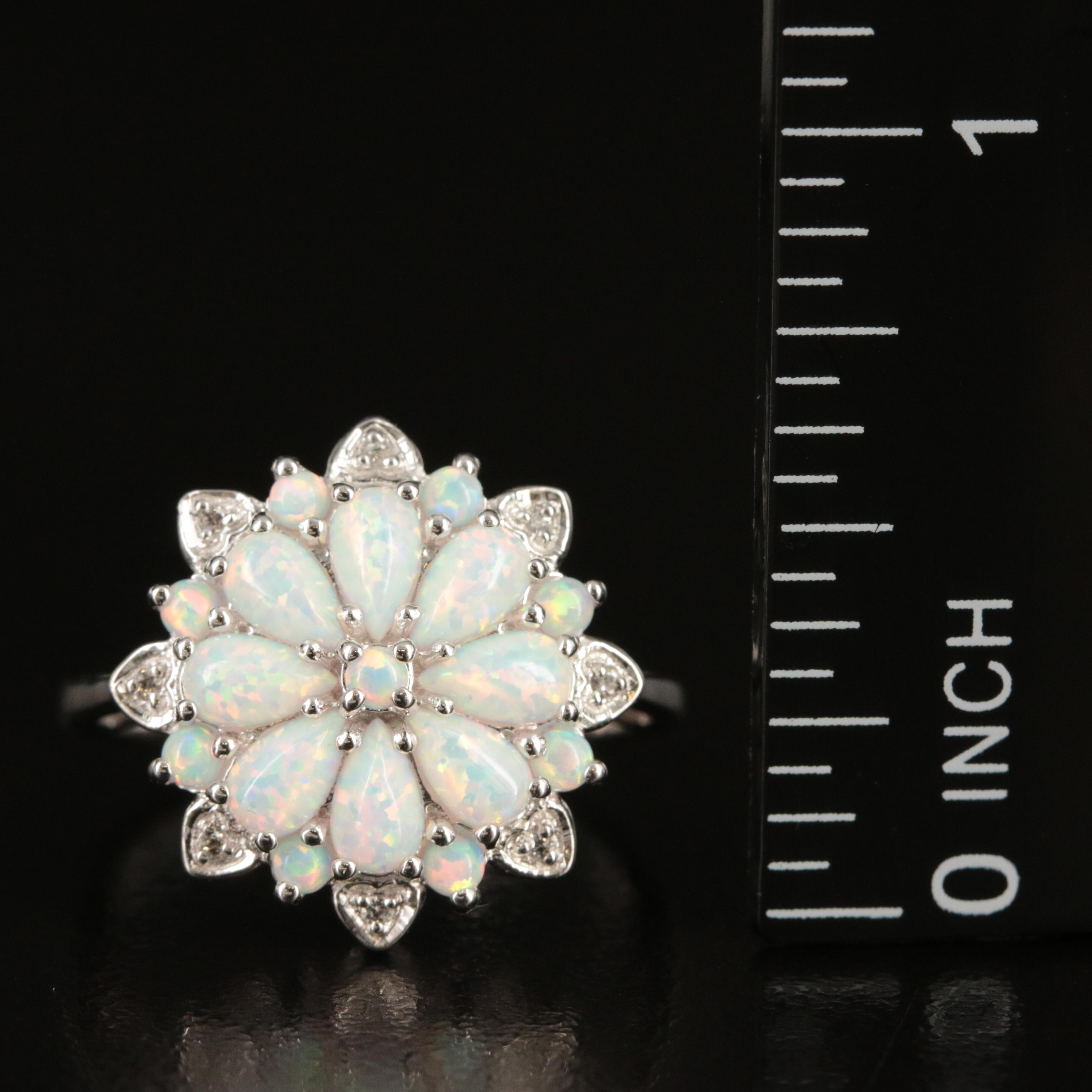 Sterling Opal and White Sapphire Flower Ring