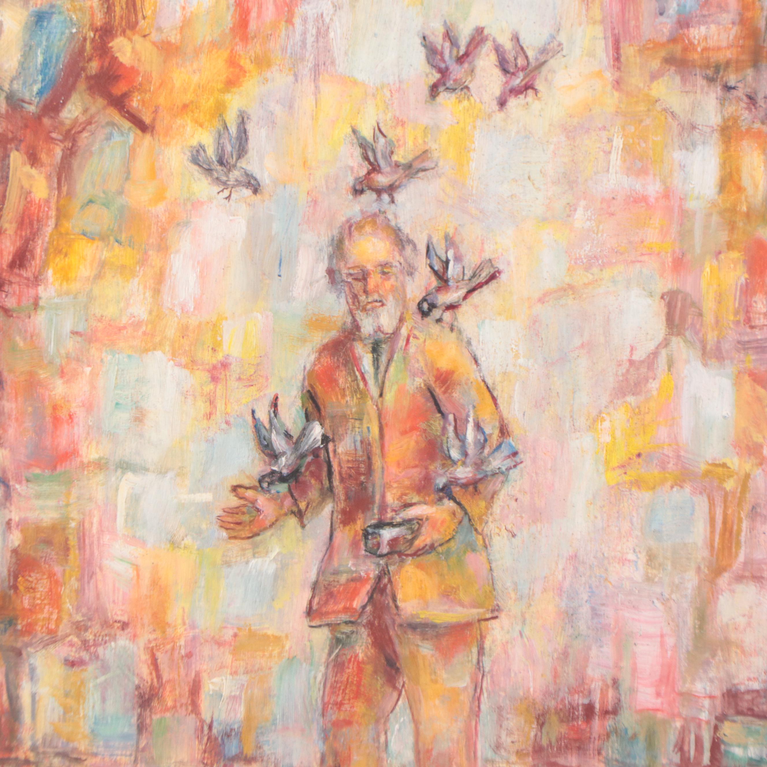 Oil Painting of Man Feeding Birds