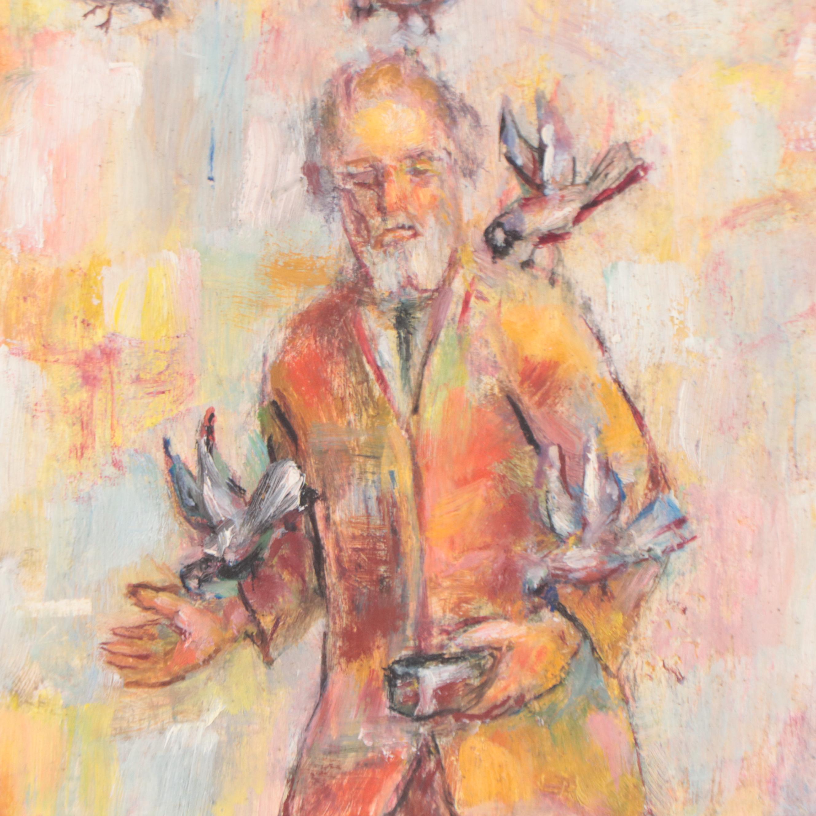 Oil Painting of Man Feeding Birds