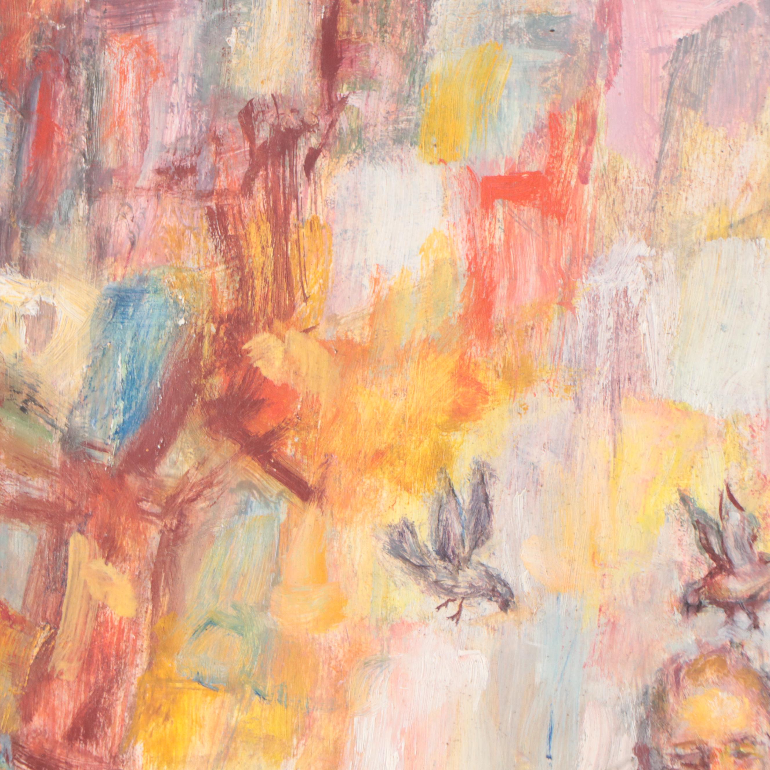 Oil Painting of Man Feeding Birds