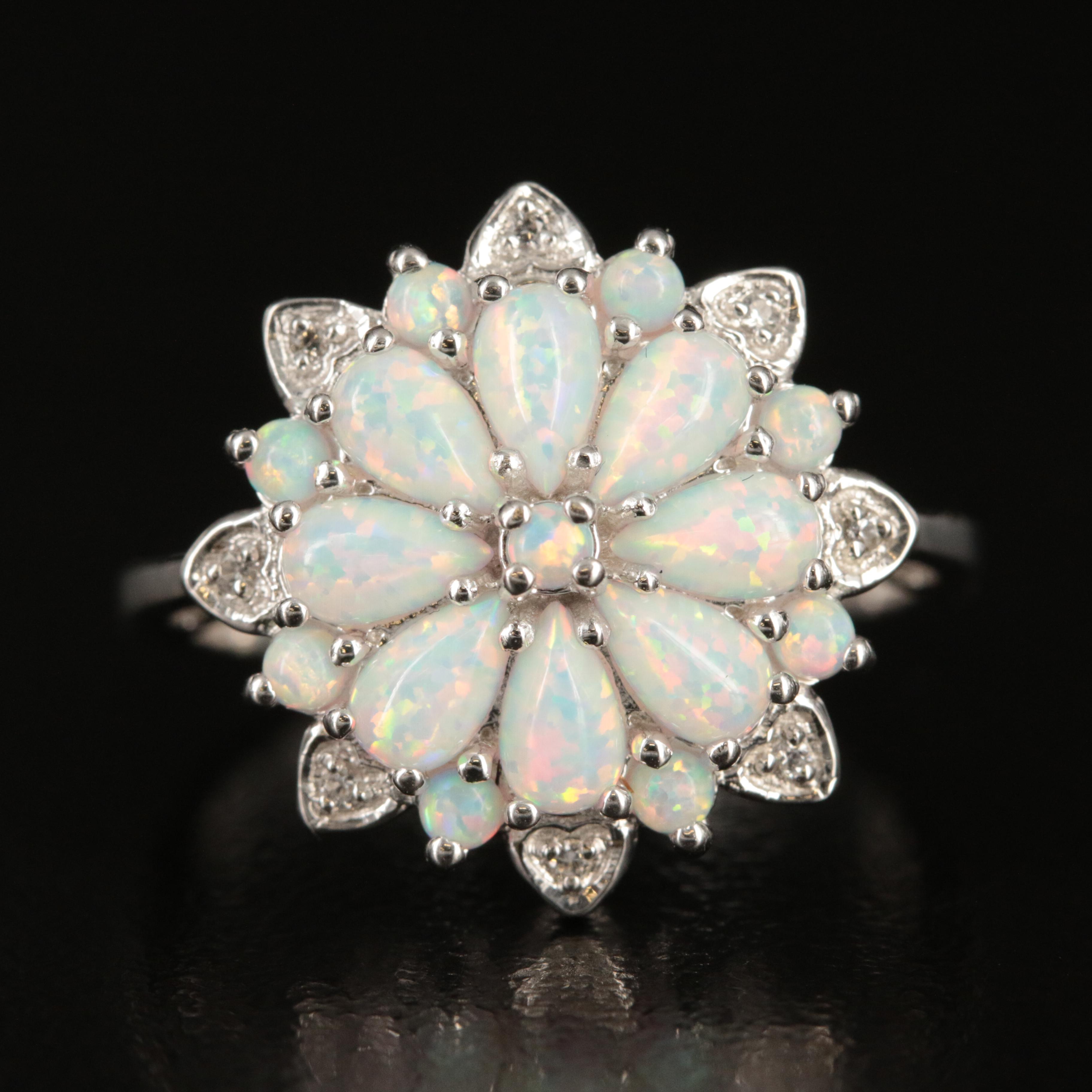 Sterling Opal and White Sapphire Flower Ring