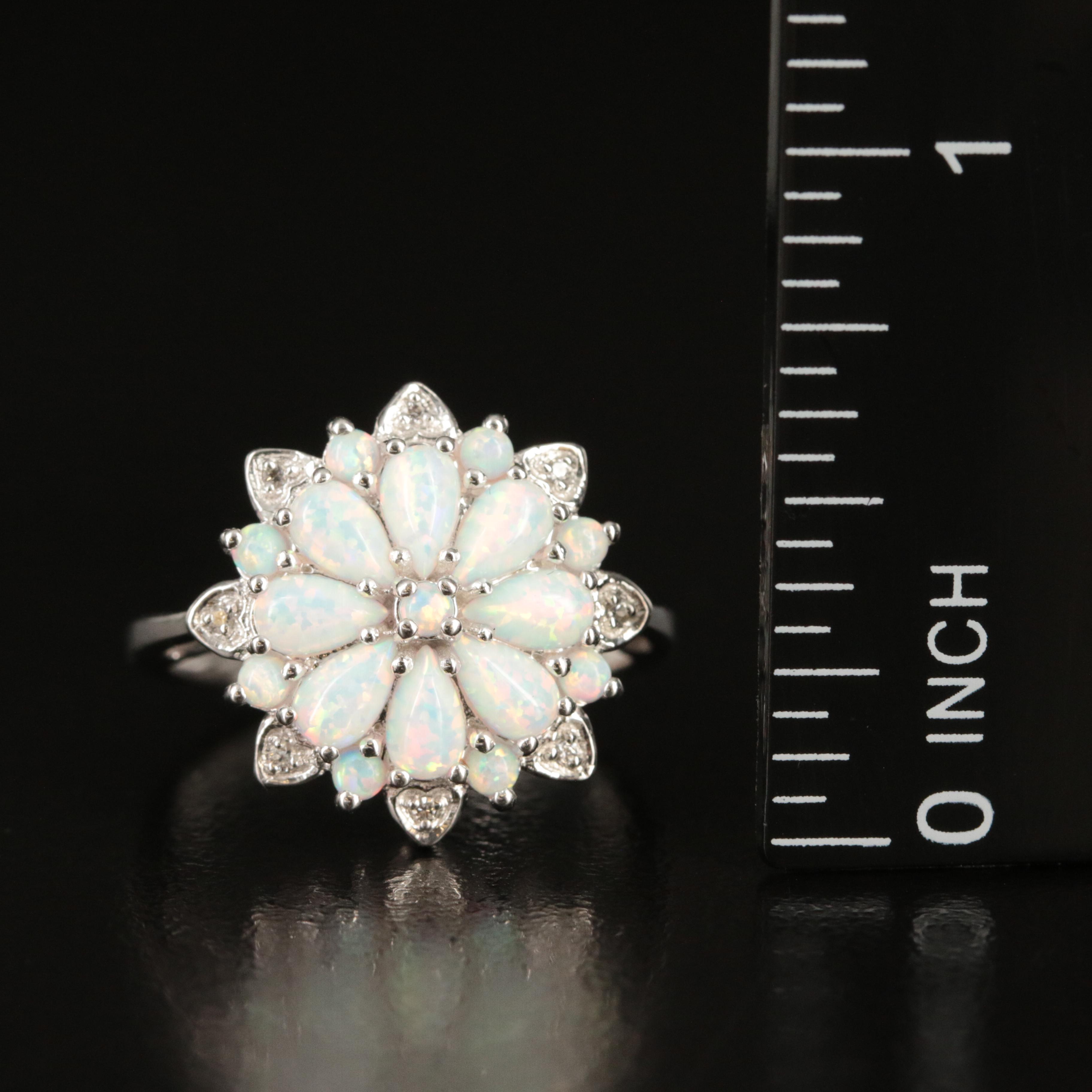 Sterling Opal and White Sapphire Flower Ring
