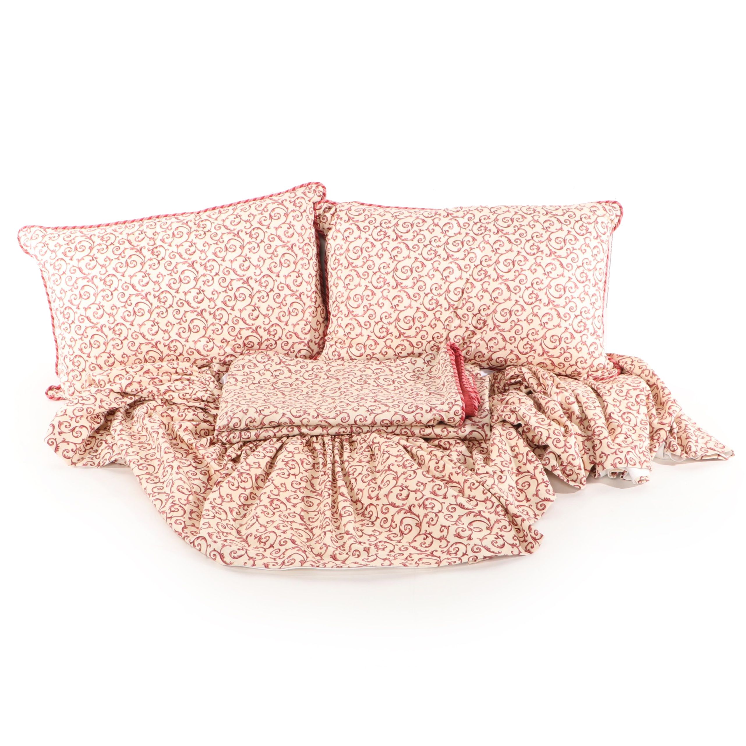 Custom Made Arabesque Pattern Duvet Cover, Ruffled Bedskirt, and Accent Pillows