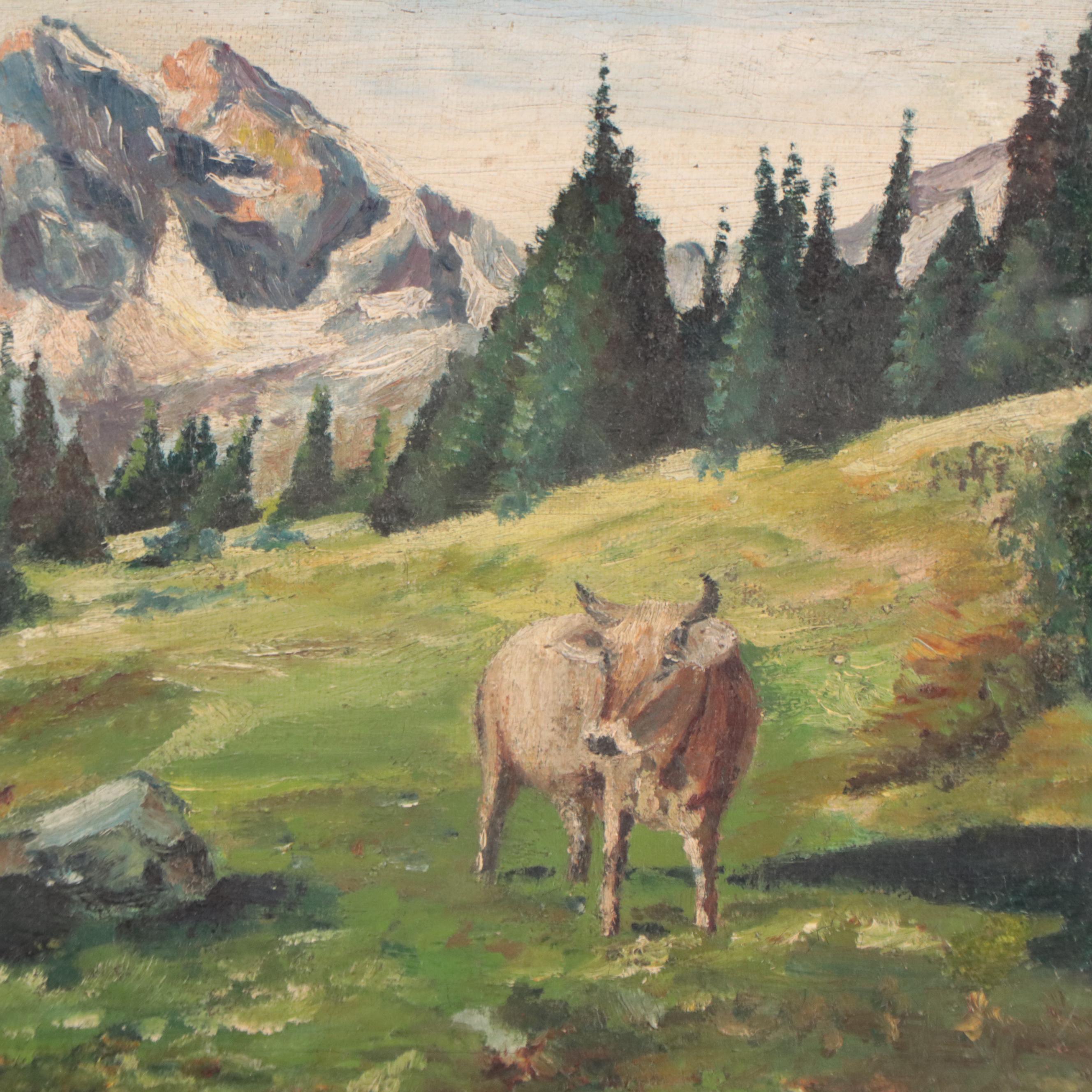 Oil Painting of Cows in Alpine Landscape