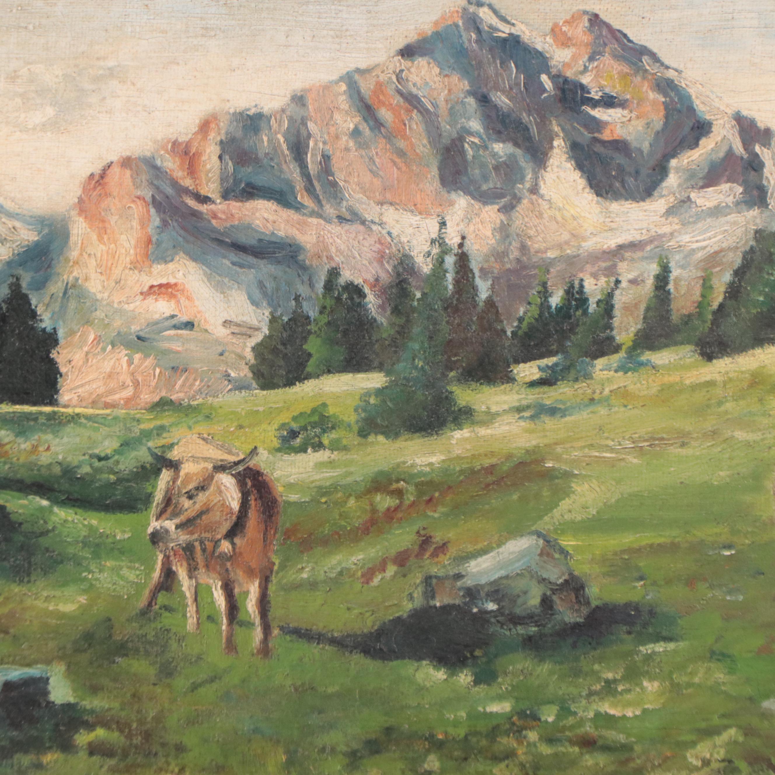Oil Painting of Cows in Alpine Landscape