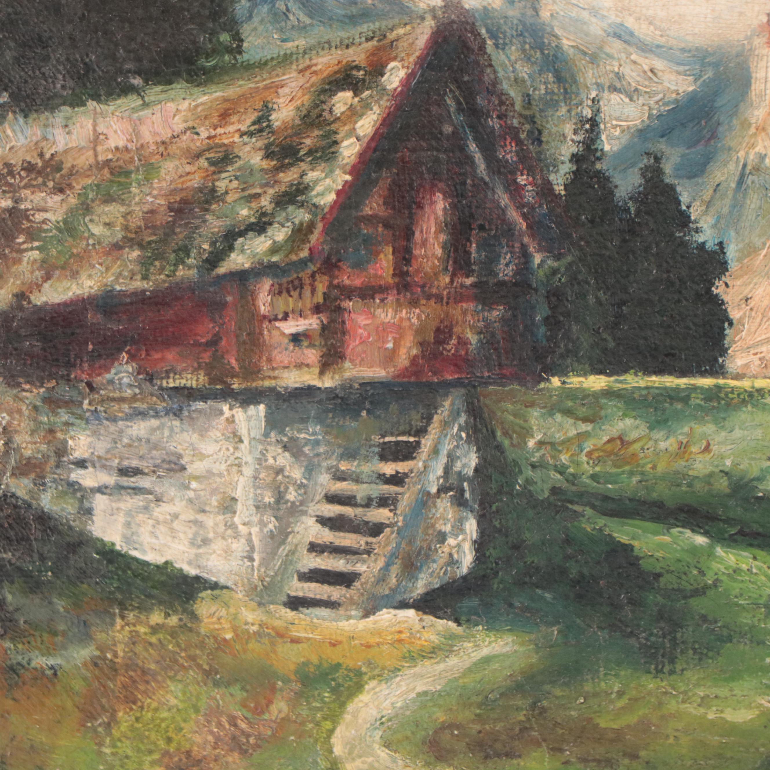 Oil Painting of Cows in Alpine Landscape