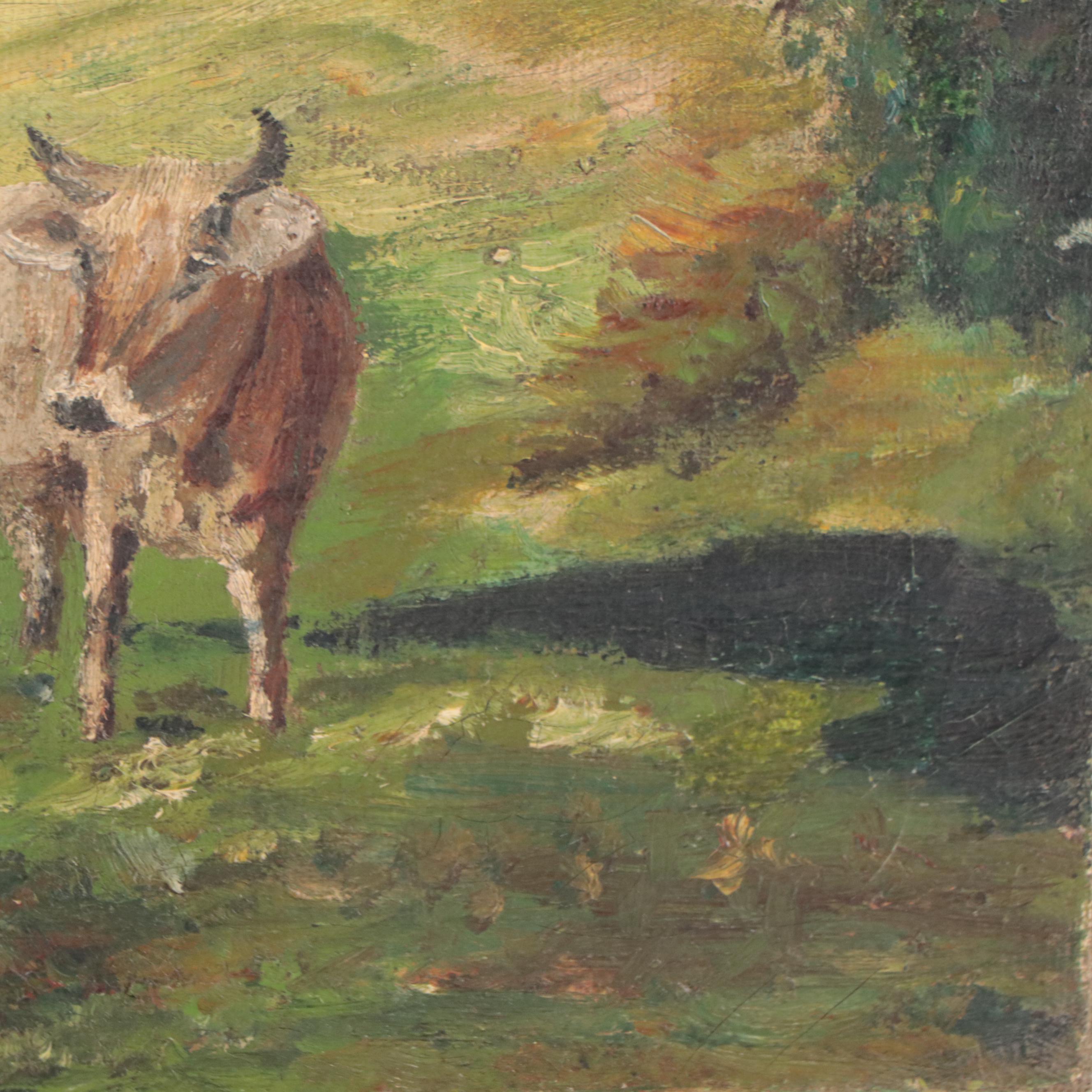 Oil Painting of Cows in Alpine Landscape
