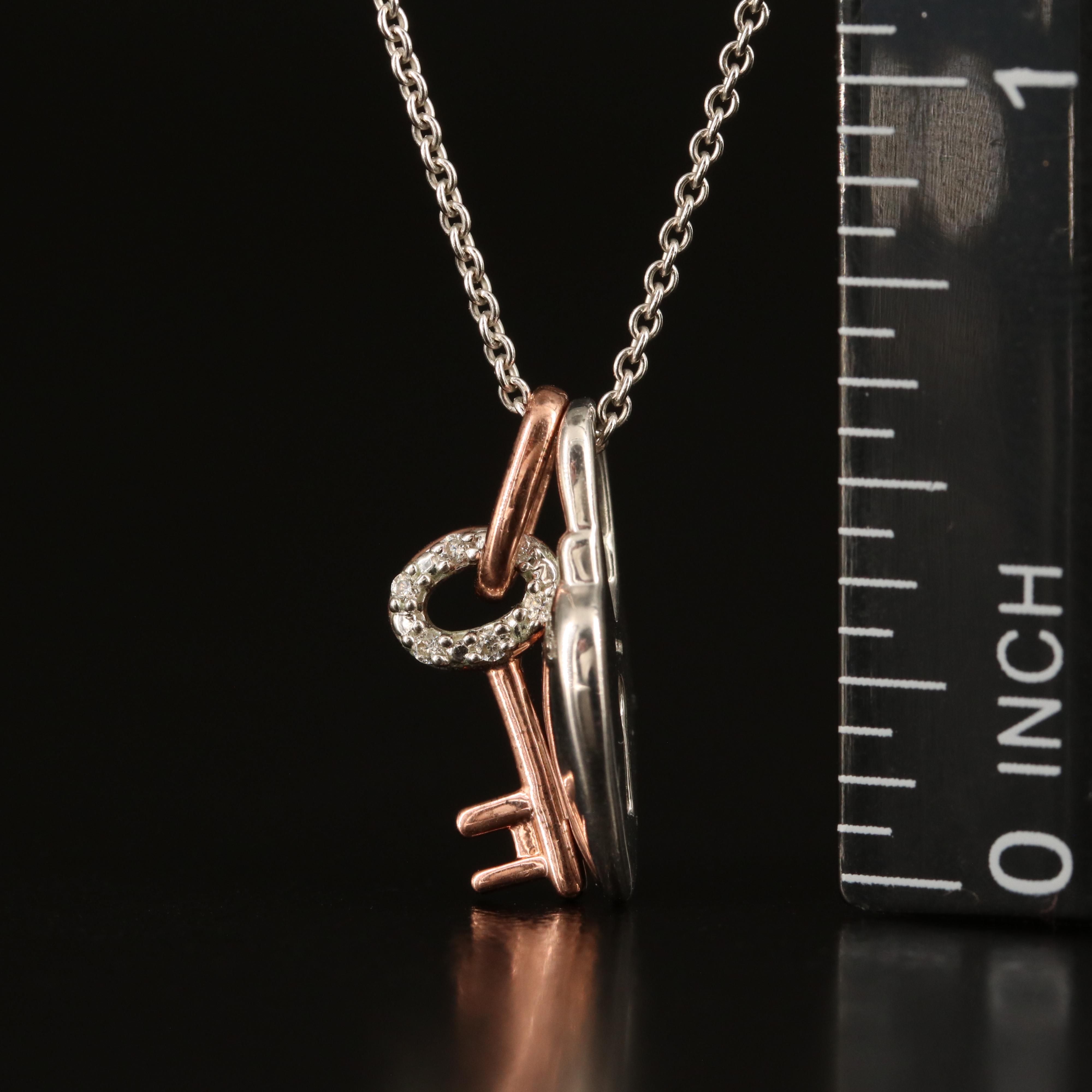 Sterling Cubic Zirconia Heart Pad Lock and Key Necklace