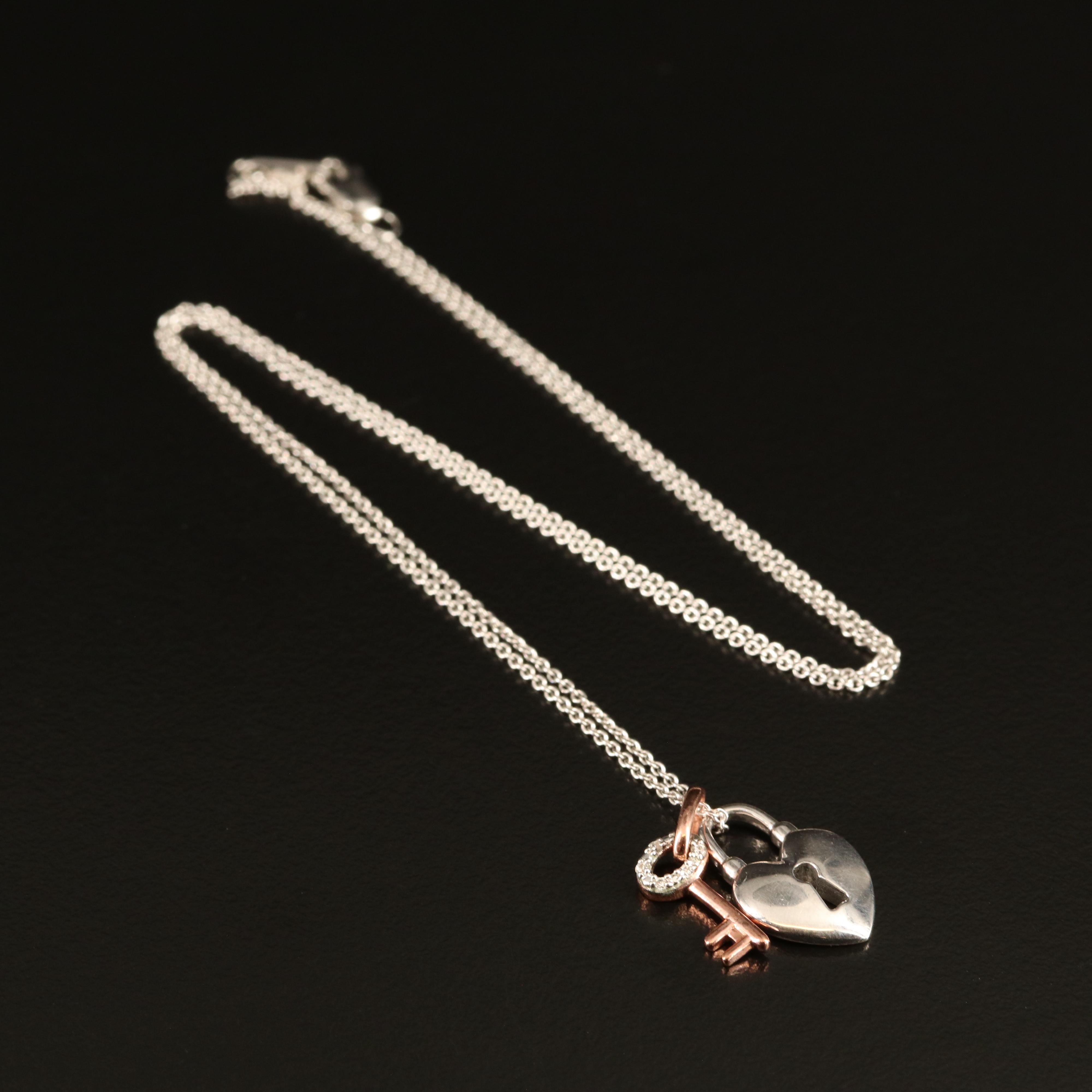 Sterling Cubic Zirconia Heart Pad Lock and Key Necklace