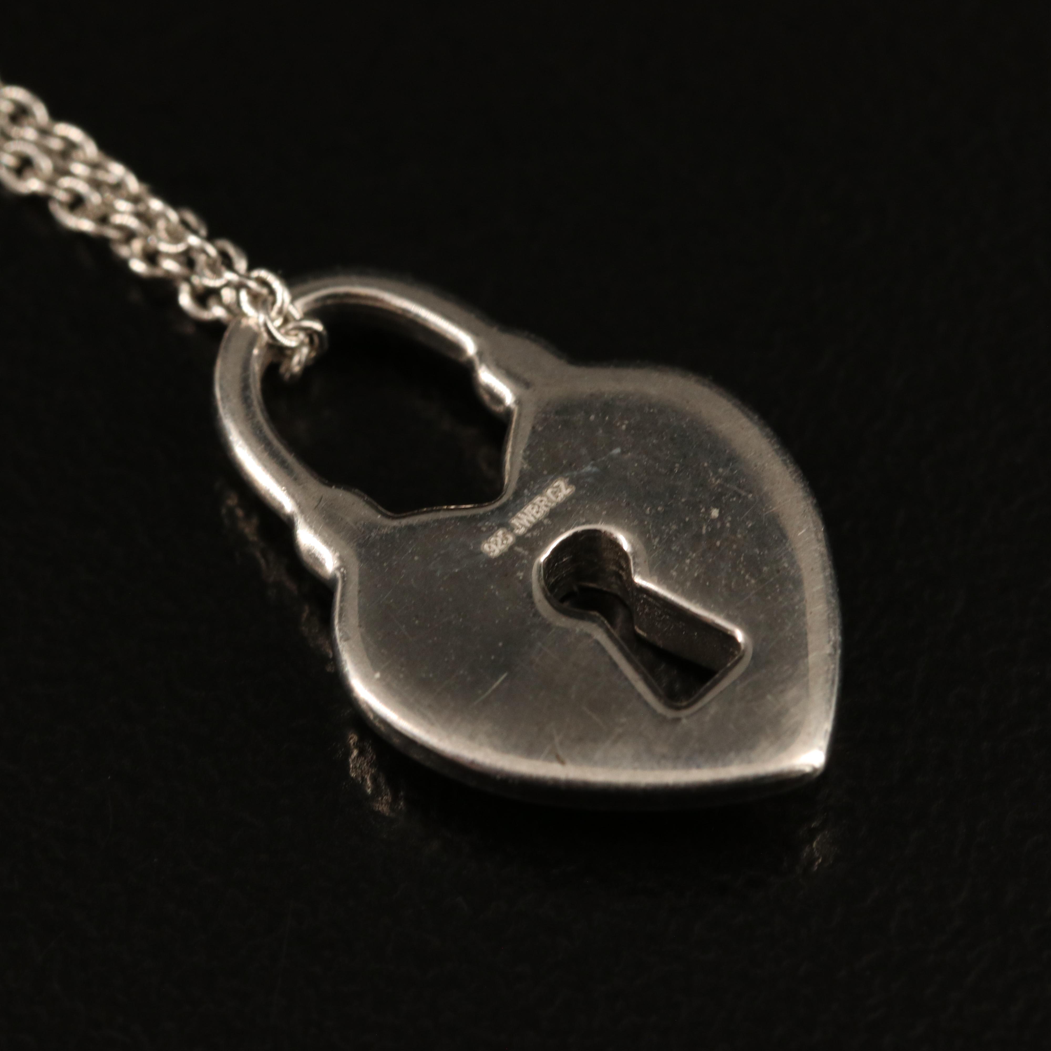 Sterling Cubic Zirconia Heart Pad Lock and Key Necklace