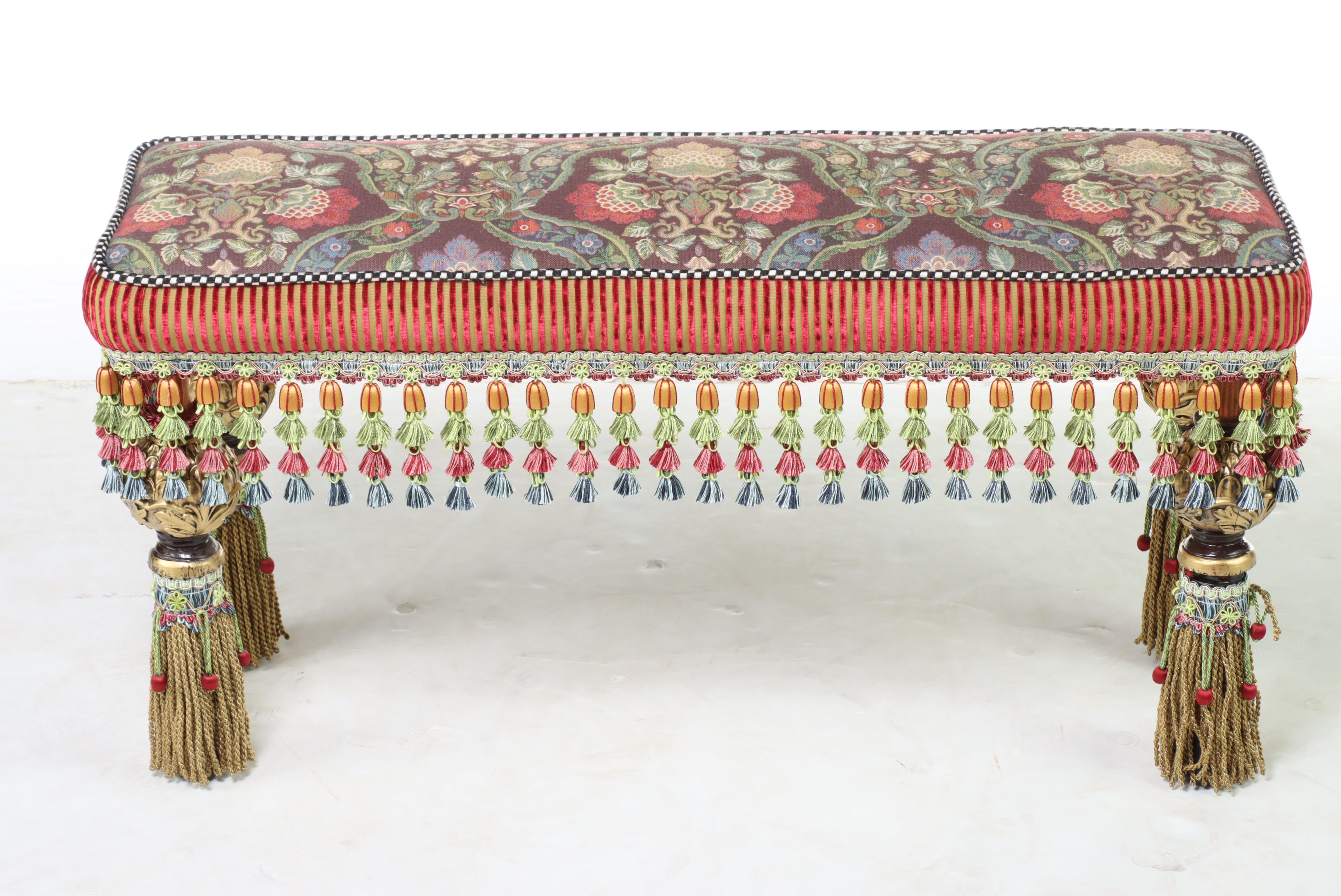 Pair of MacKenzie-Childs Upholstered Benches With Tassel Trim