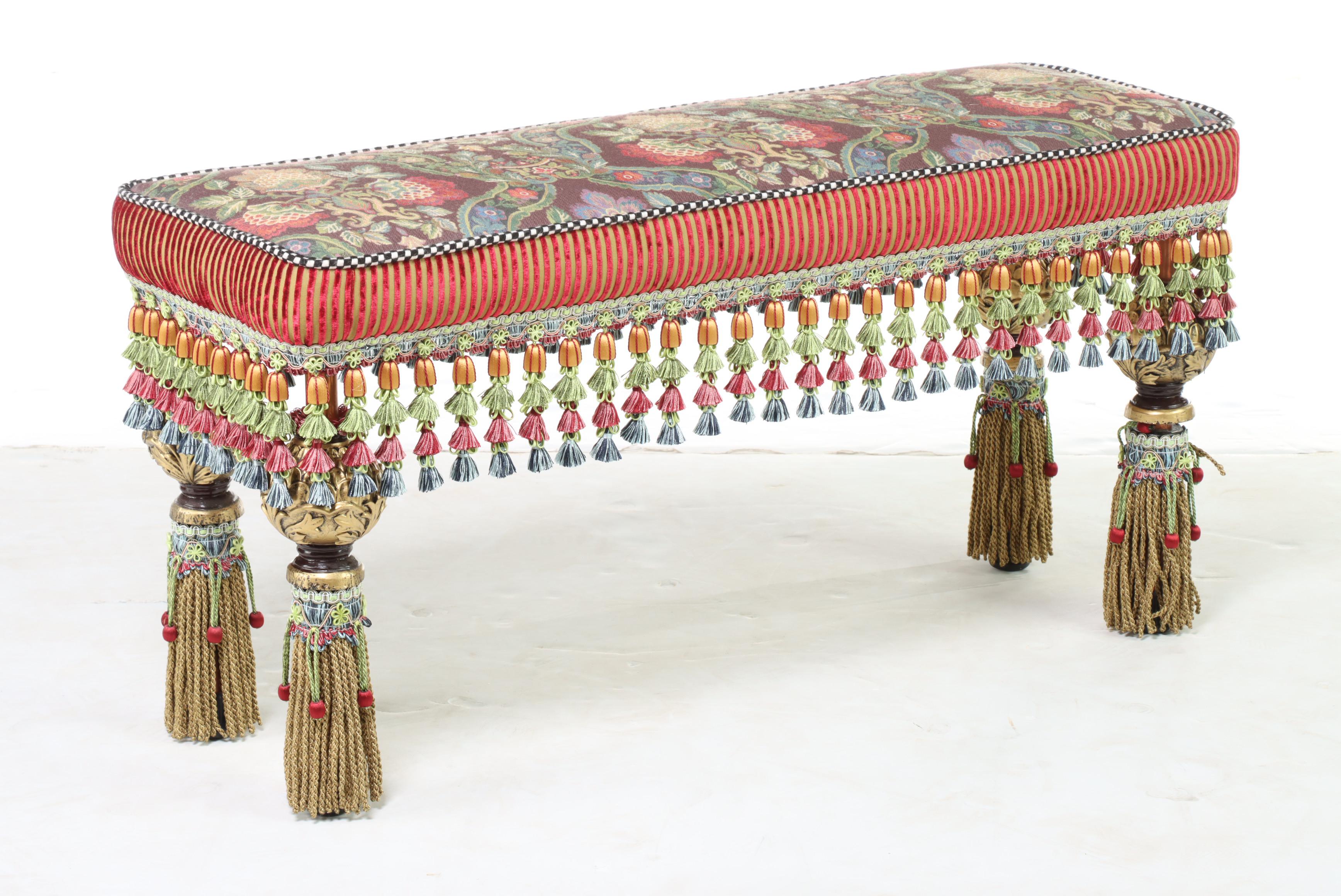 Pair of MacKenzie-Childs Upholstered Benches With Tassel Trim