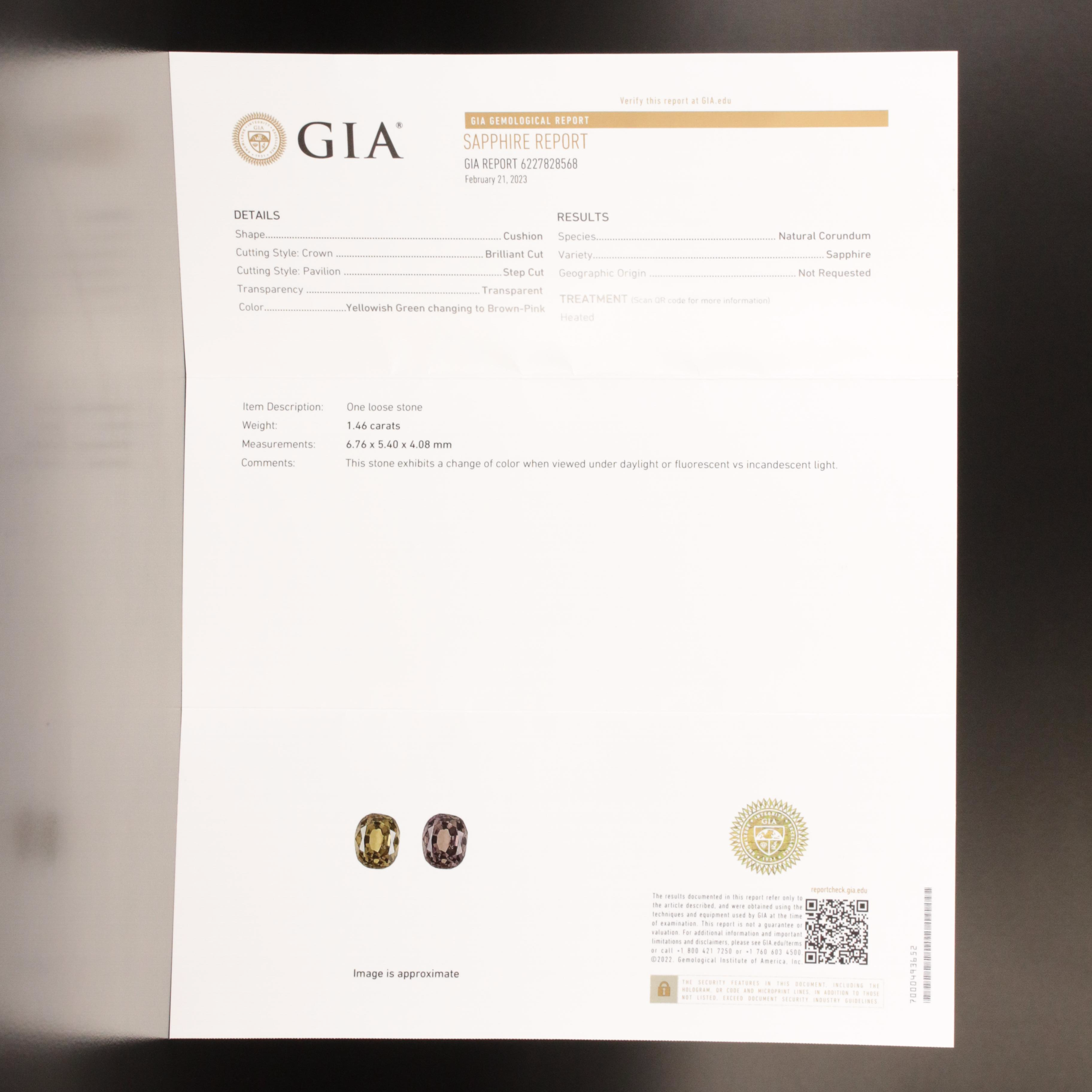 18K 1.46 CT Color-Change Sapphire and Diamond Ring with GIA Report