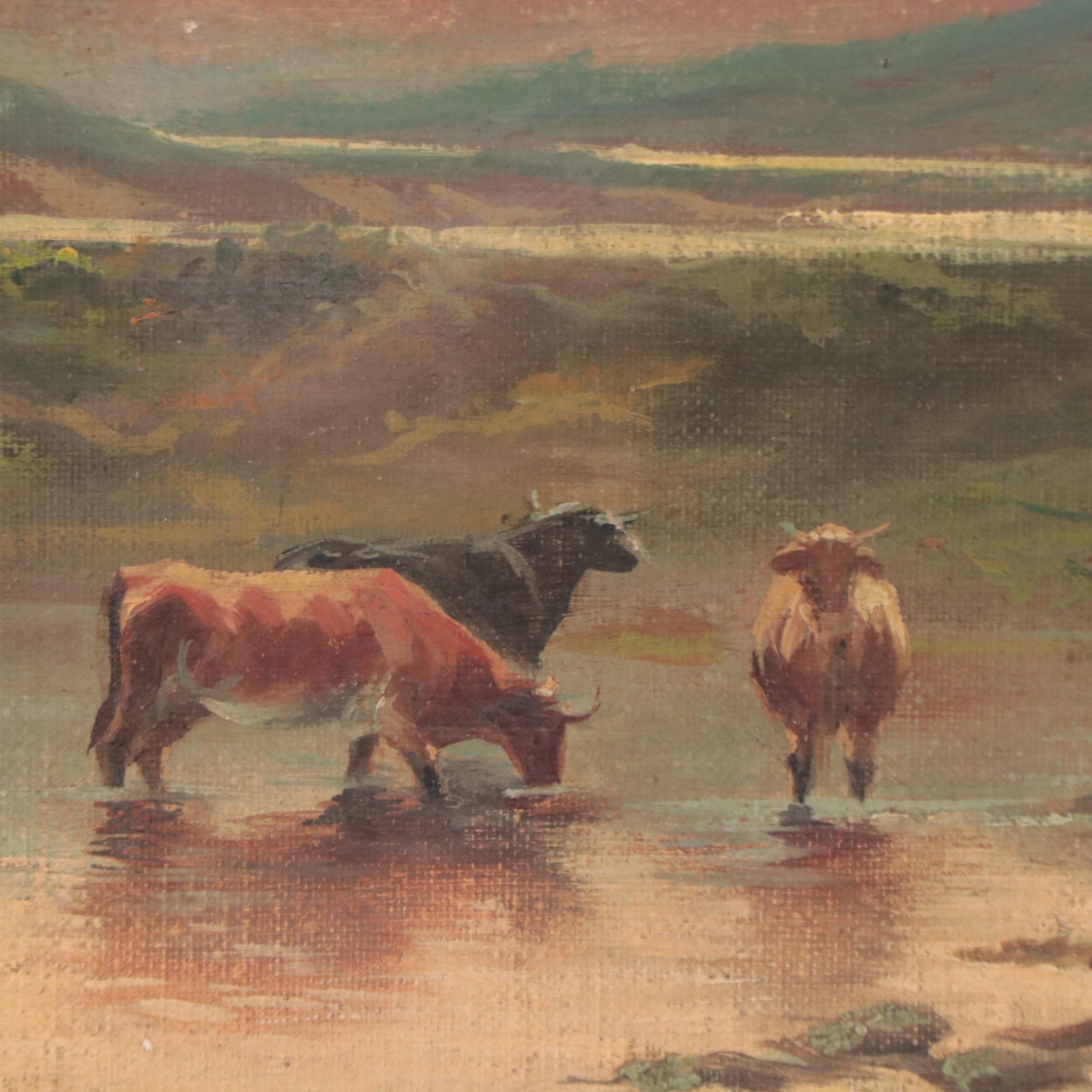Oil Painting of Cows in Alpine Landscape