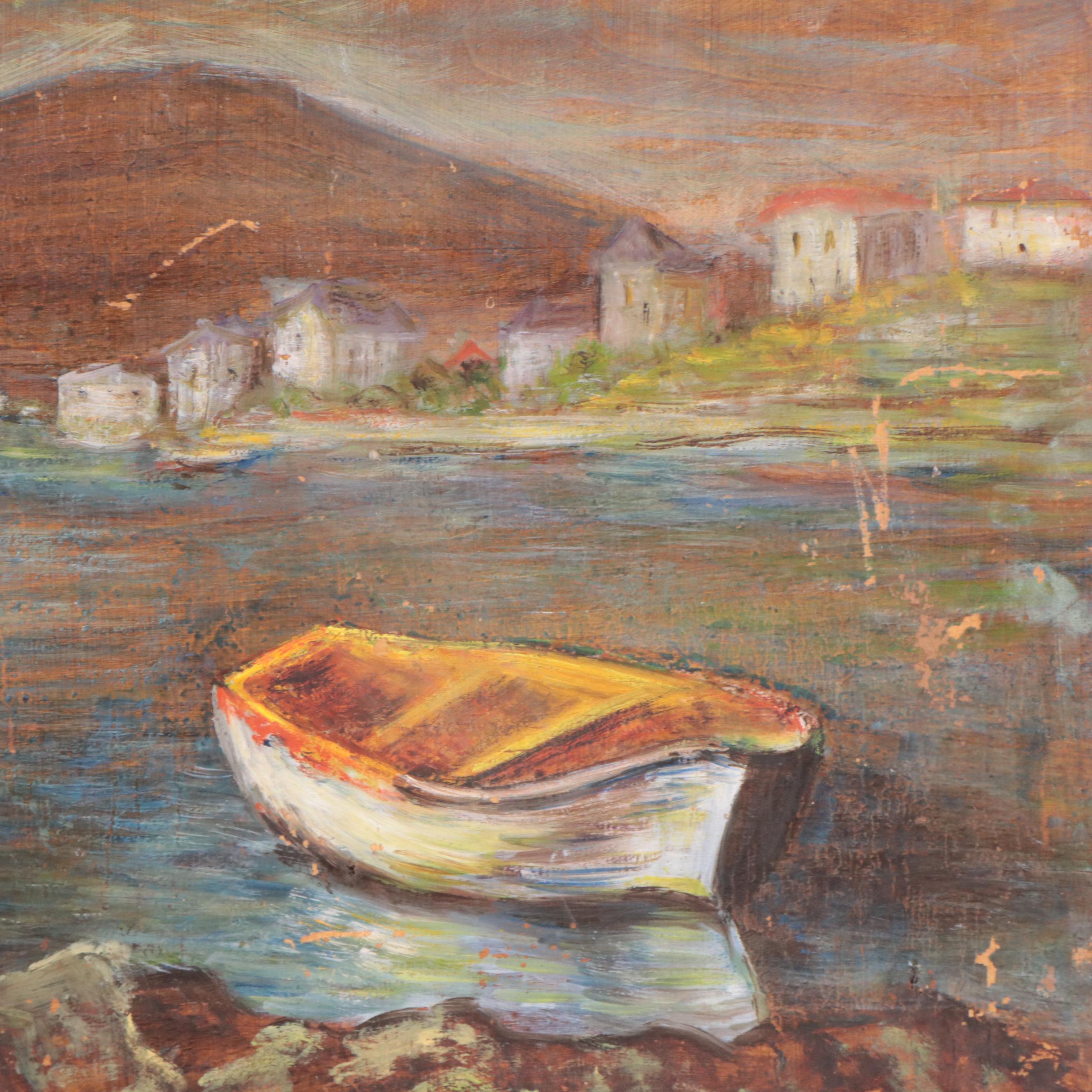 Oil Painting of Boats on the Shoreline