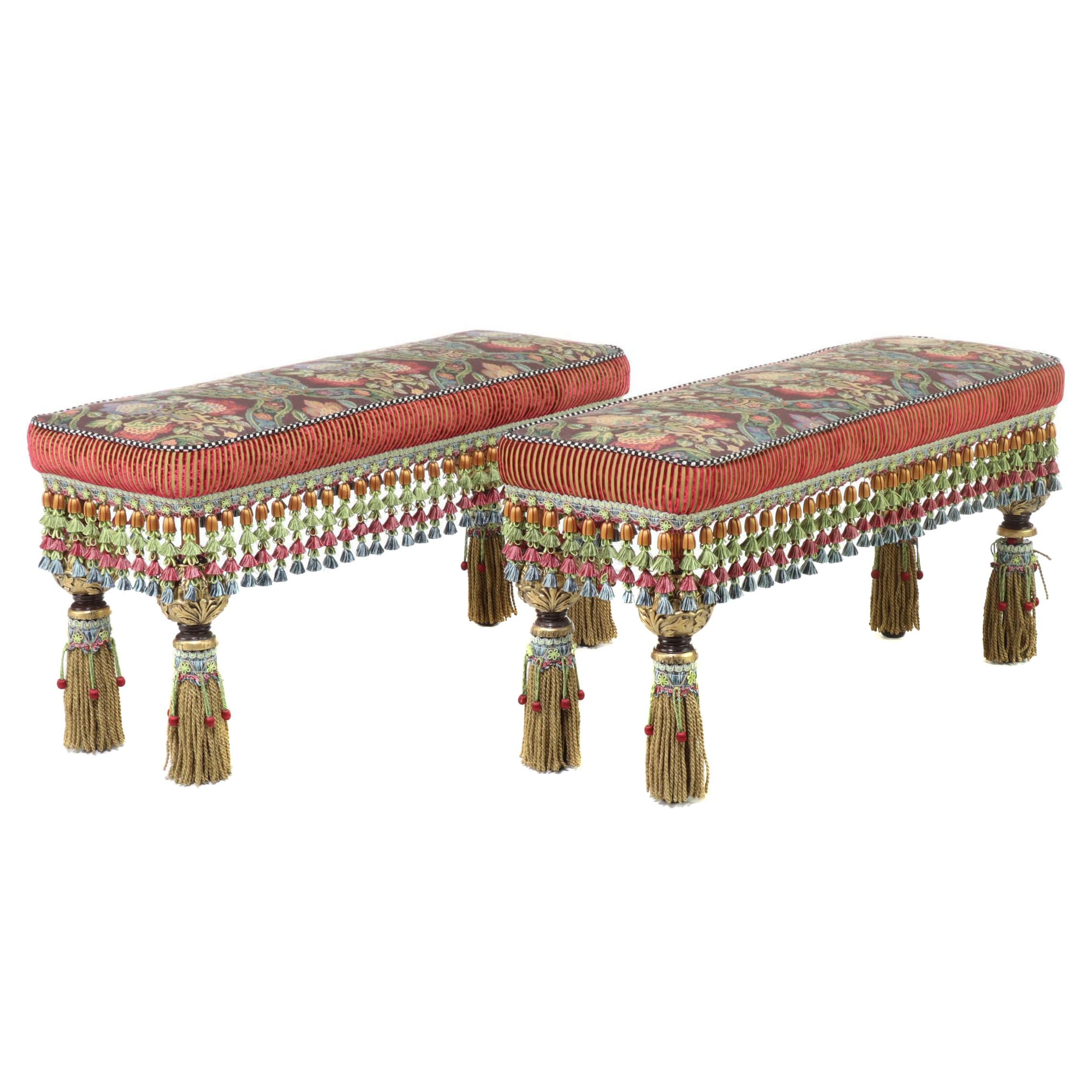 Pair of MacKenzie-Childs Upholstered Benches With Tassel Trim