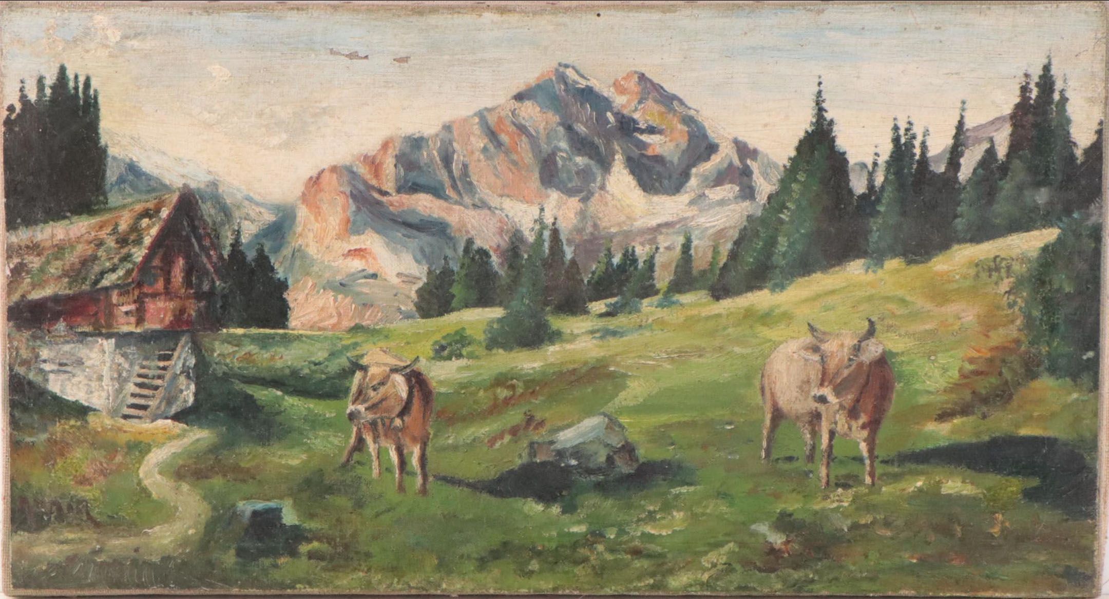 Oil Painting of Cows in Alpine Landscape