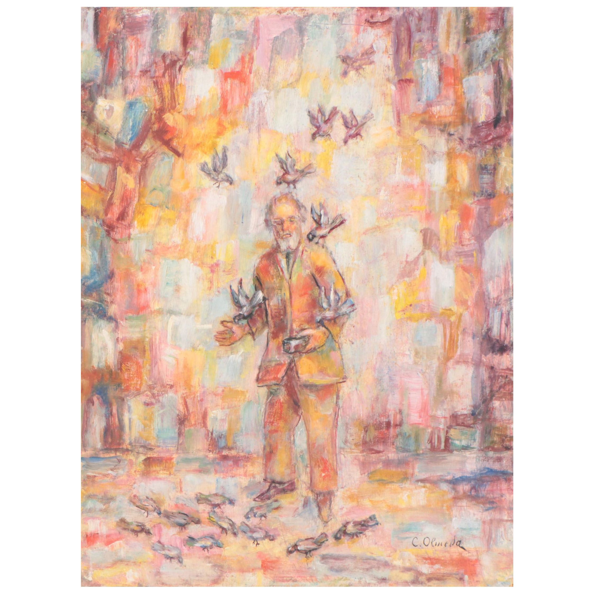 Oil Painting of Man Feeding Birds