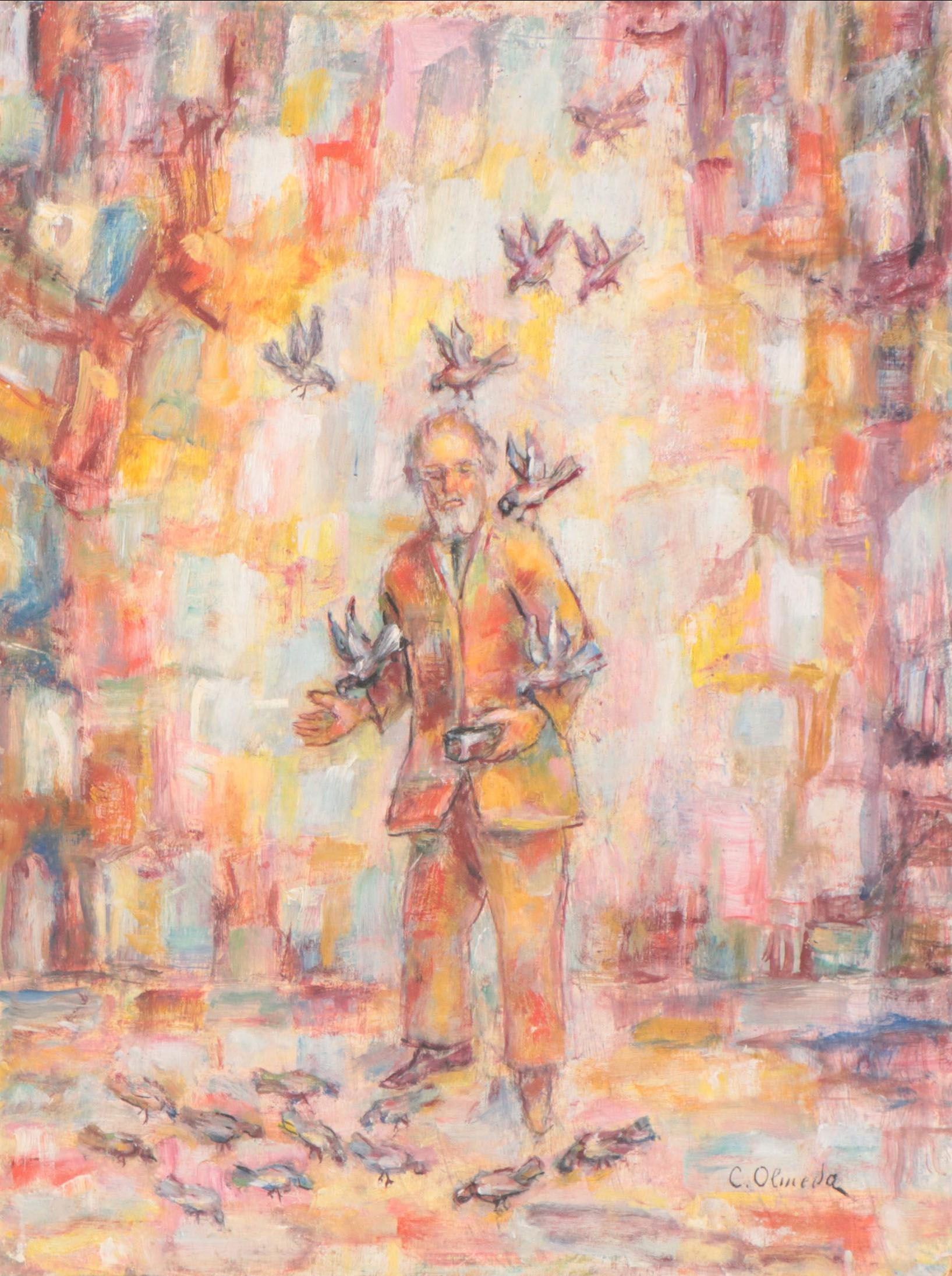 Oil Painting of Man Feeding Birds