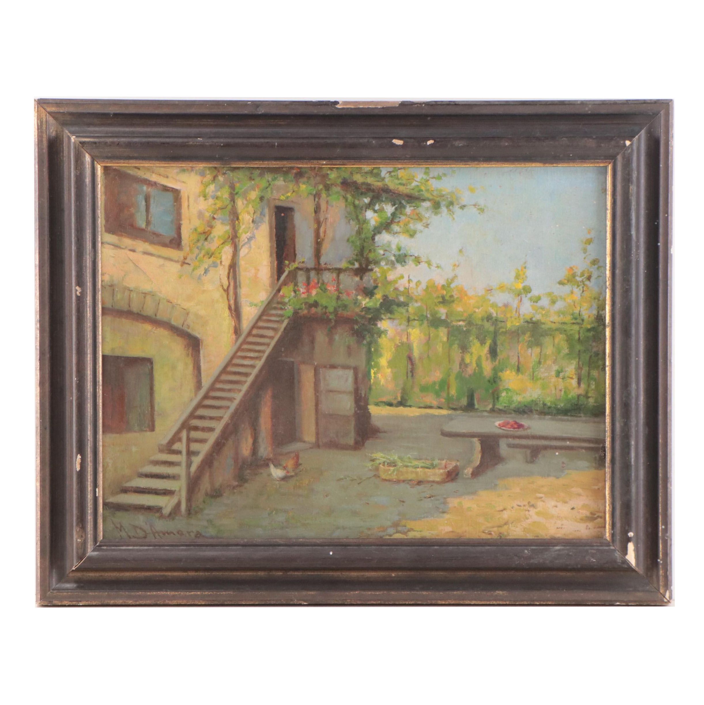 Oil Painting of Rustic Exterior Scene With Chickens, 1960