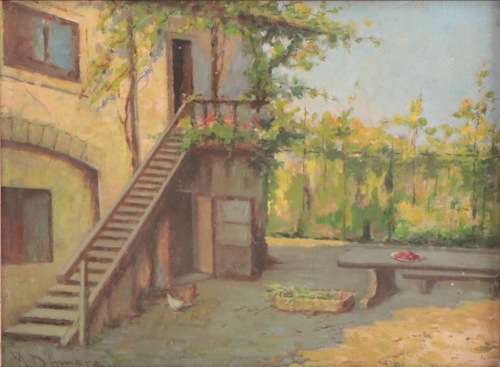 Oil Painting of Rustic Exterior Scene With Chickens, 1960