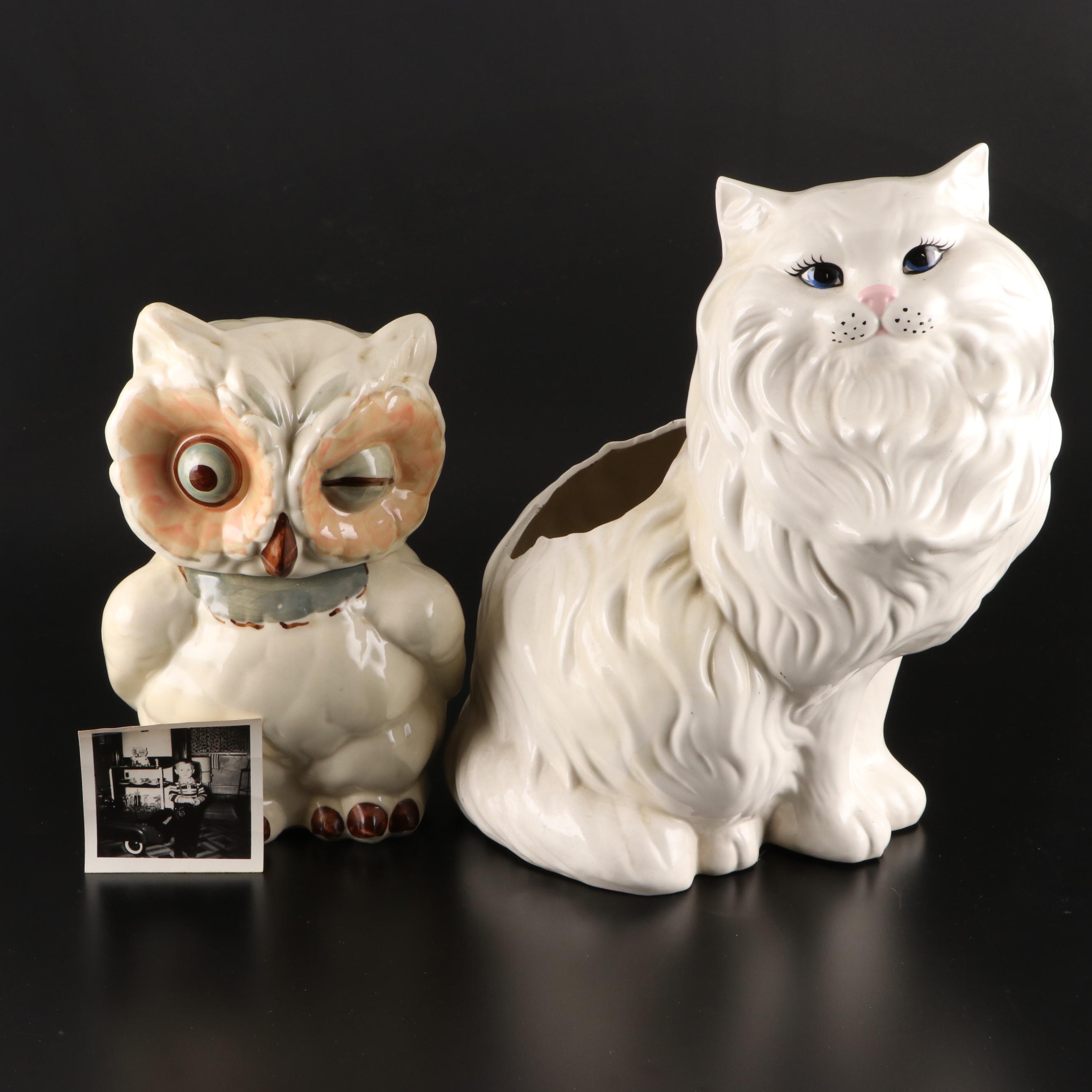 Shawnee Pottery Winking Owl Cookie Jar With Ceramic Persian Cat Planter