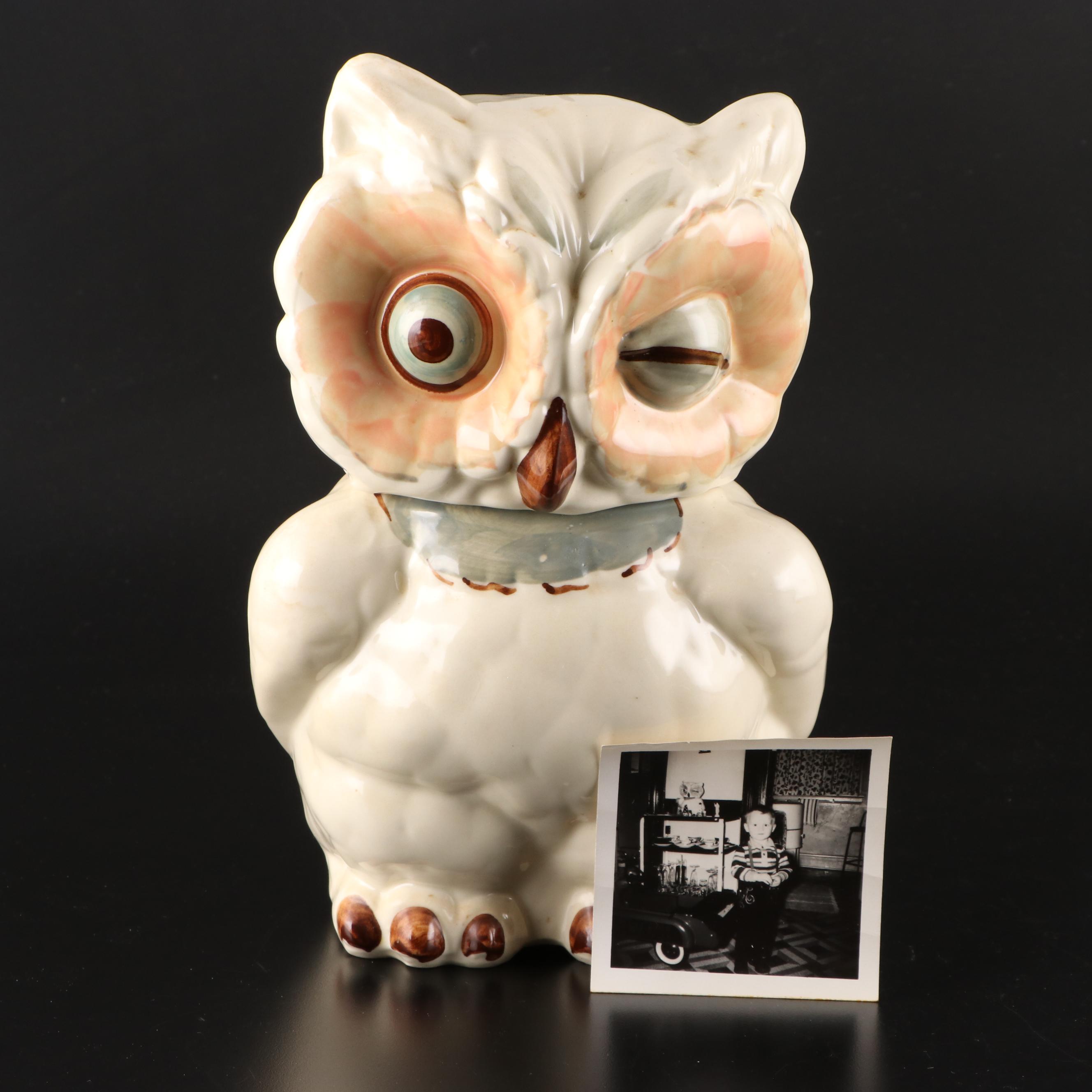 Shawnee Pottery Winking Owl Cookie Jar With Ceramic Persian Cat Planter