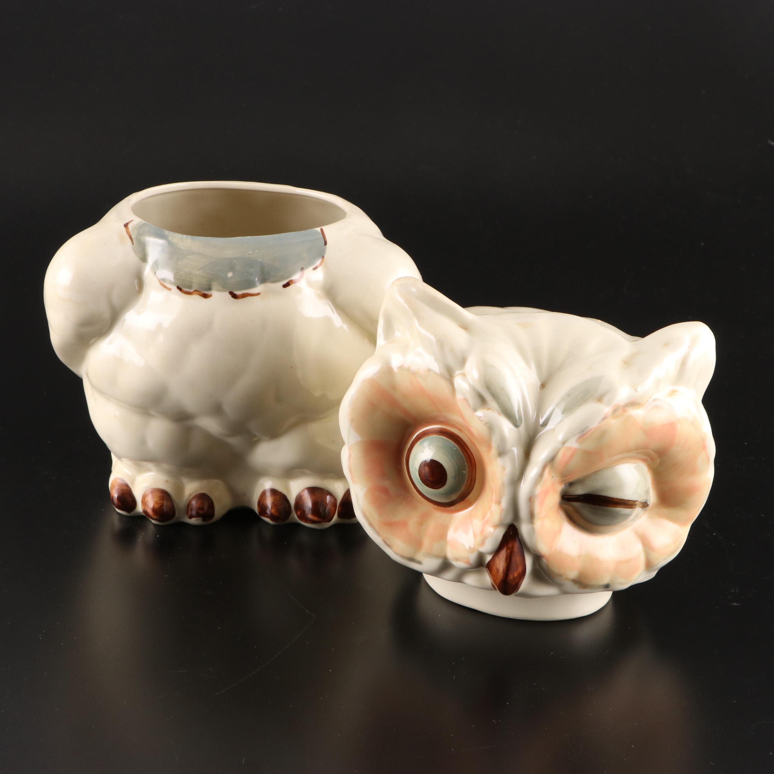Shawnee Pottery Winking Owl Cookie Jar With Ceramic Persian Cat Planter