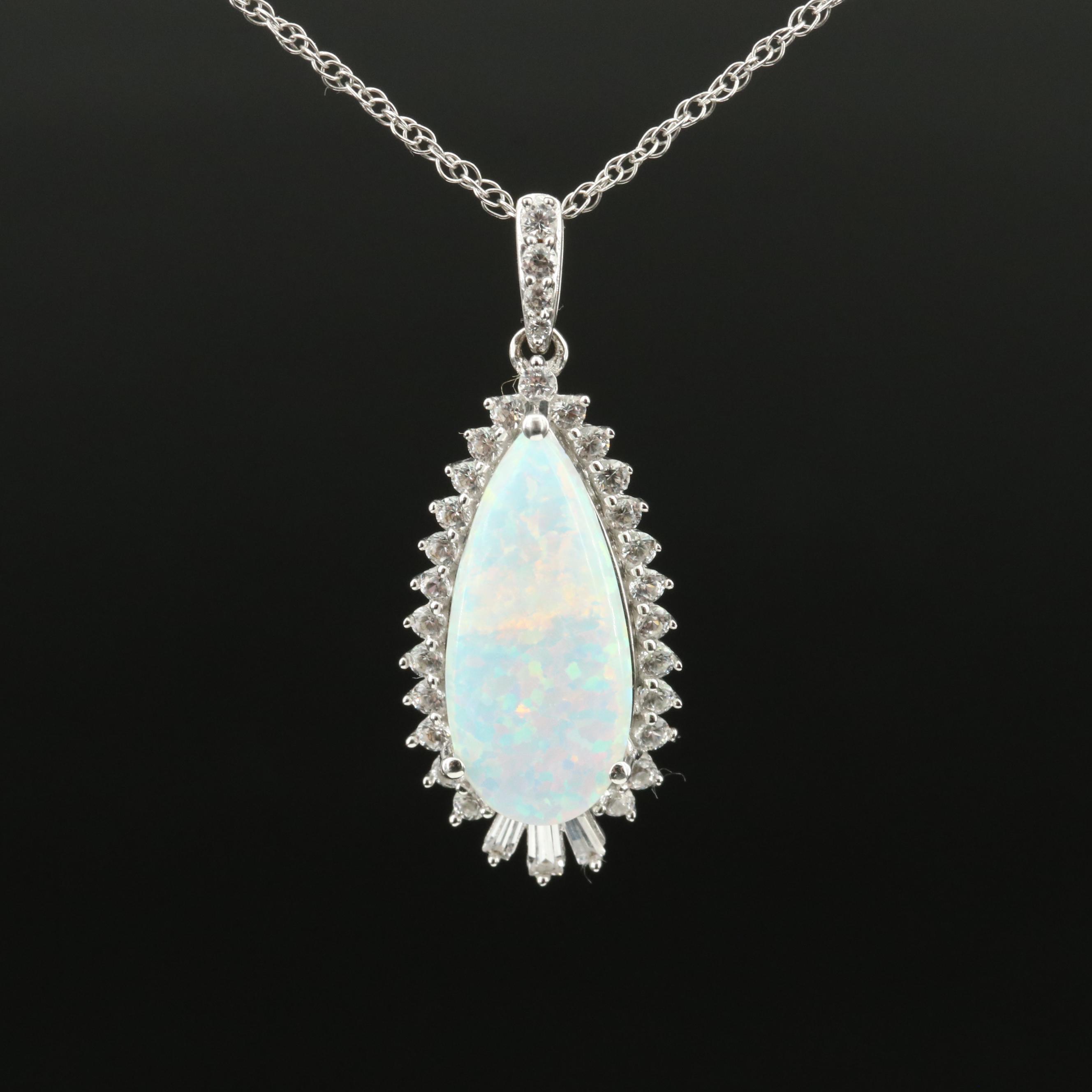 Sterling Opal and White Sapphire Teardrop Pendant Necklace