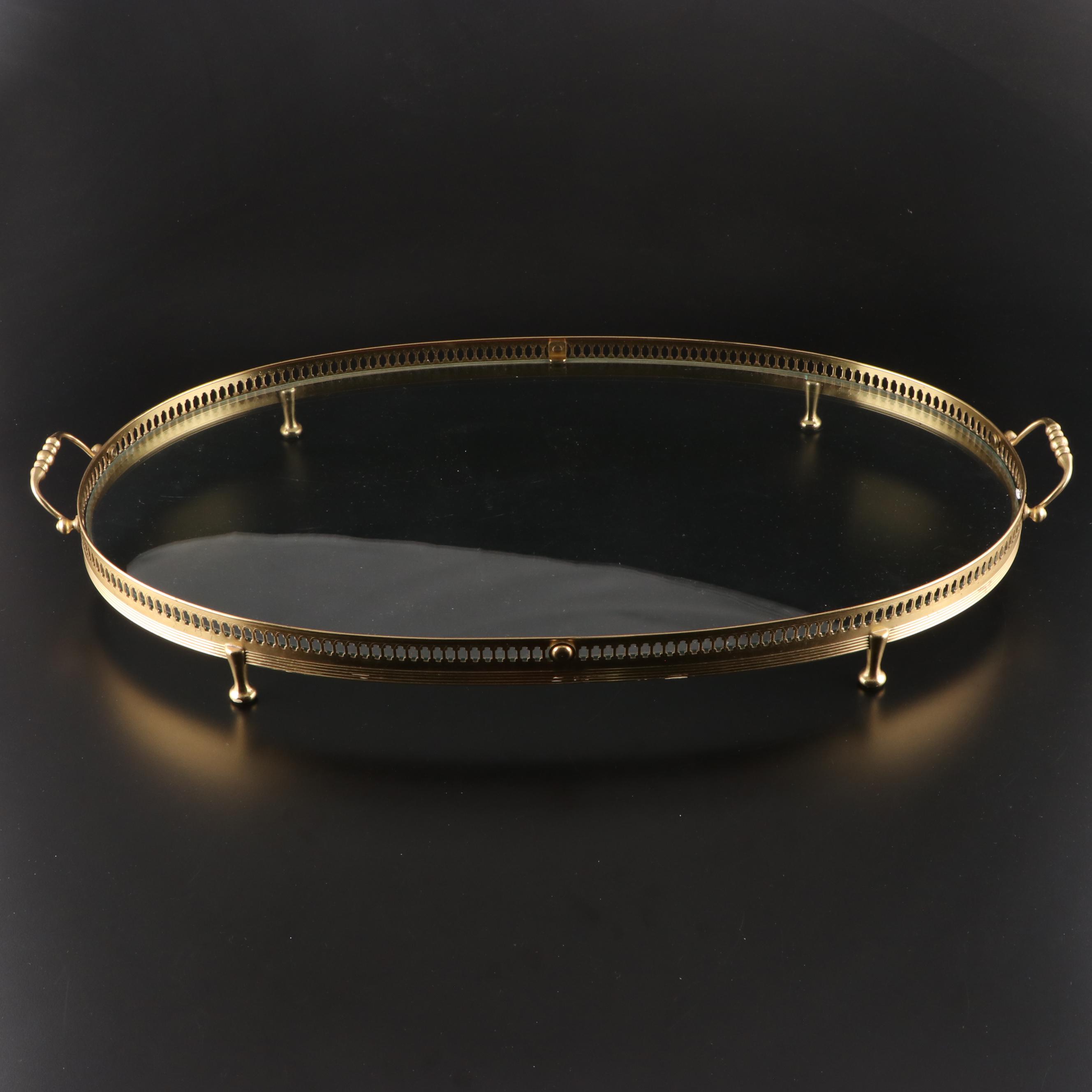 Large Brass and Glass Footed Pierced Gallery Tray