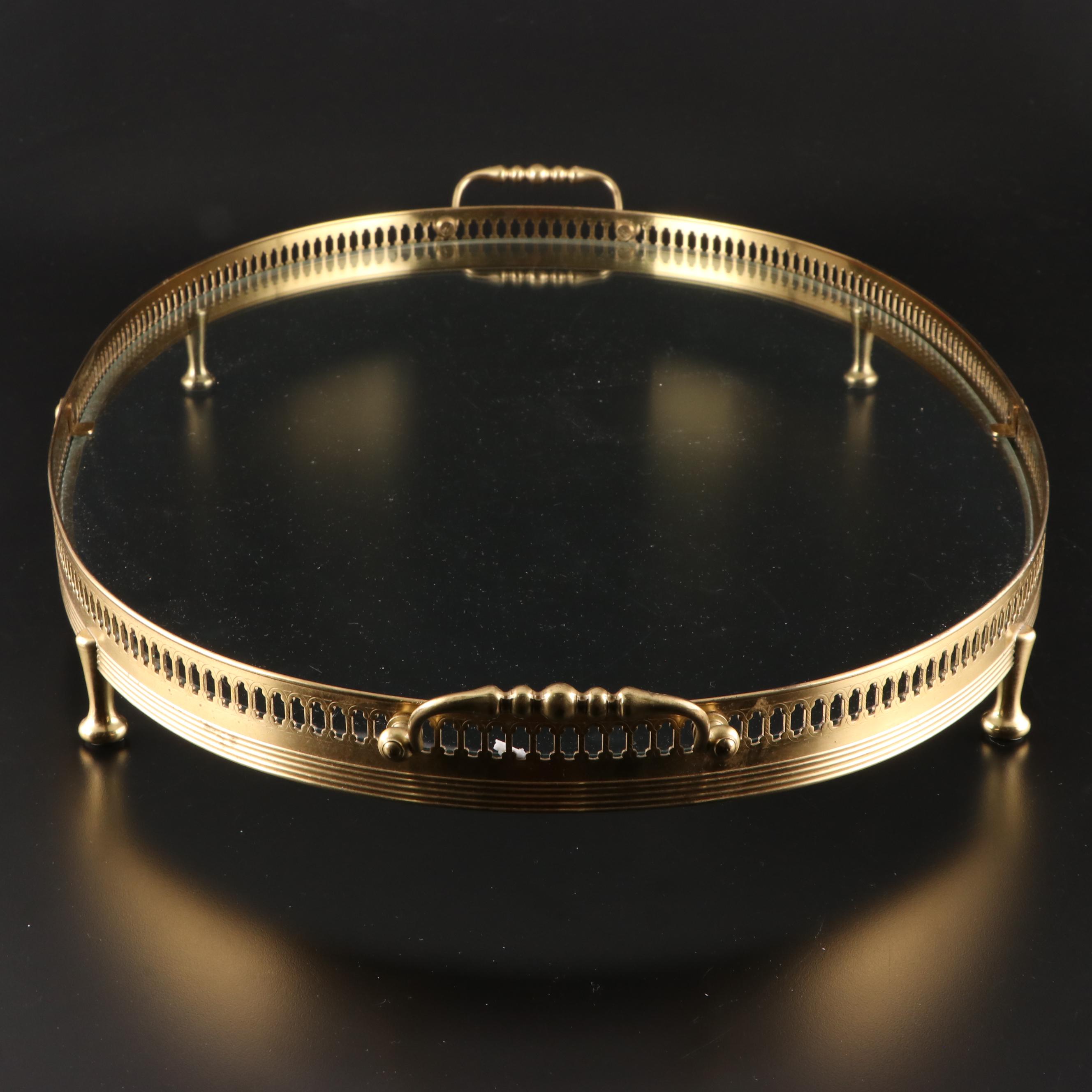 Large Brass and Glass Footed Pierced Gallery Tray