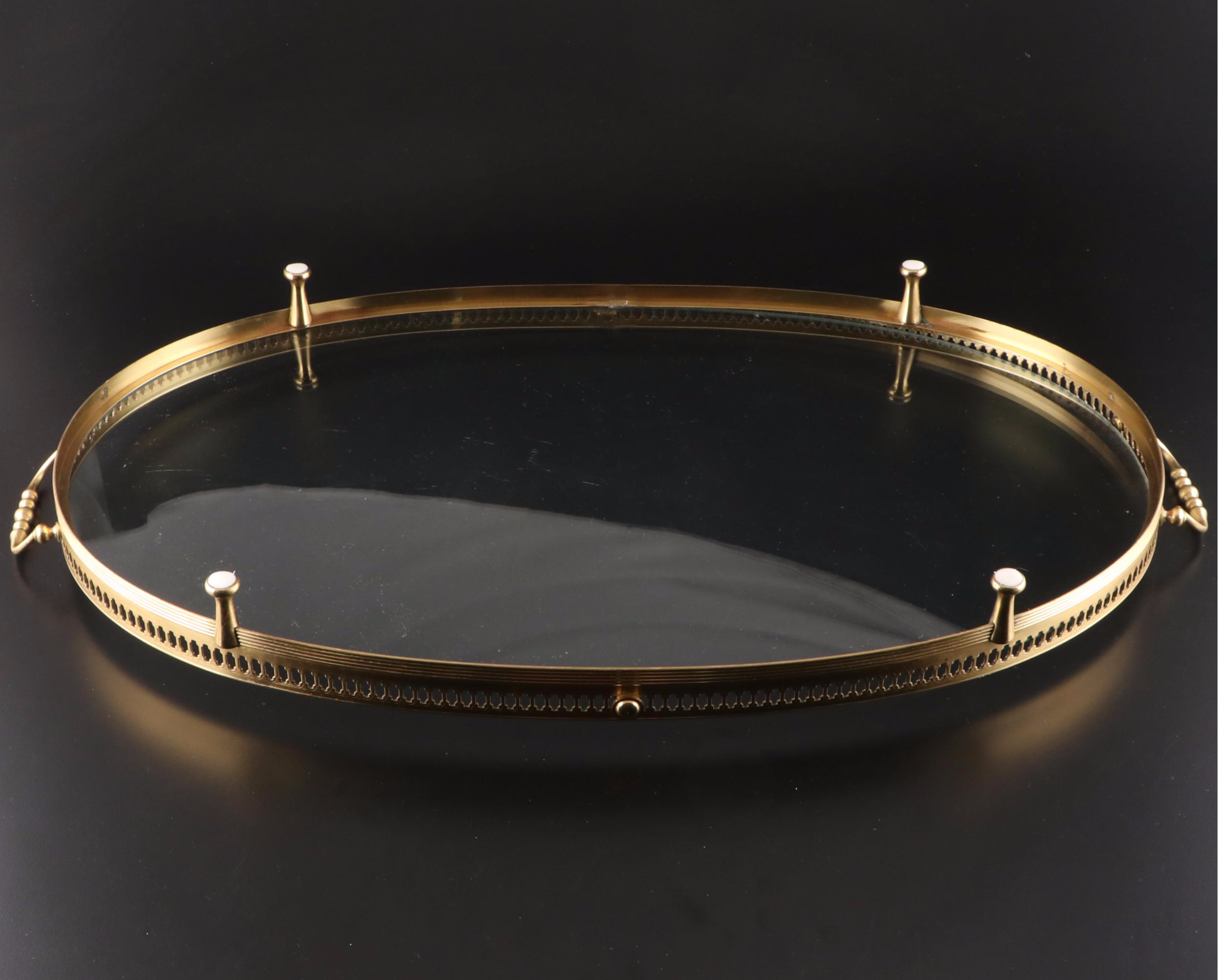 Large Brass and Glass Footed Pierced Gallery Tray