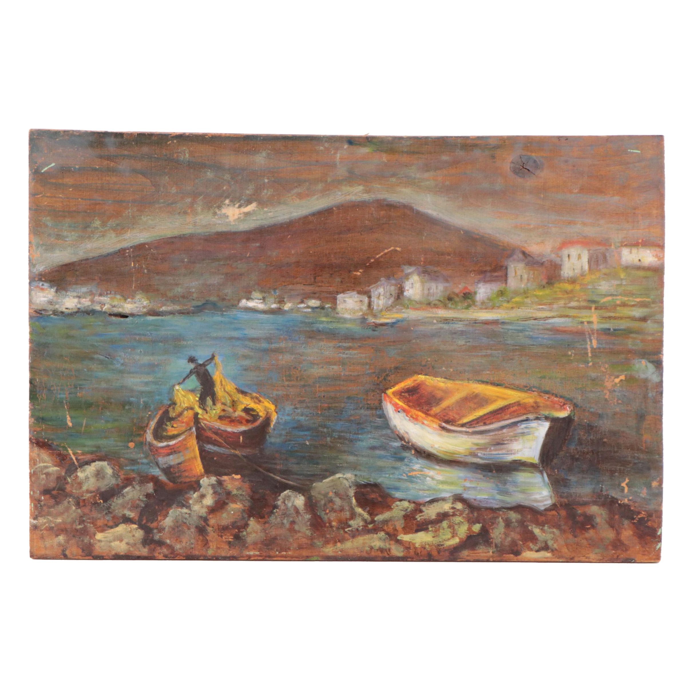 Oil Painting of Boats on the Shoreline