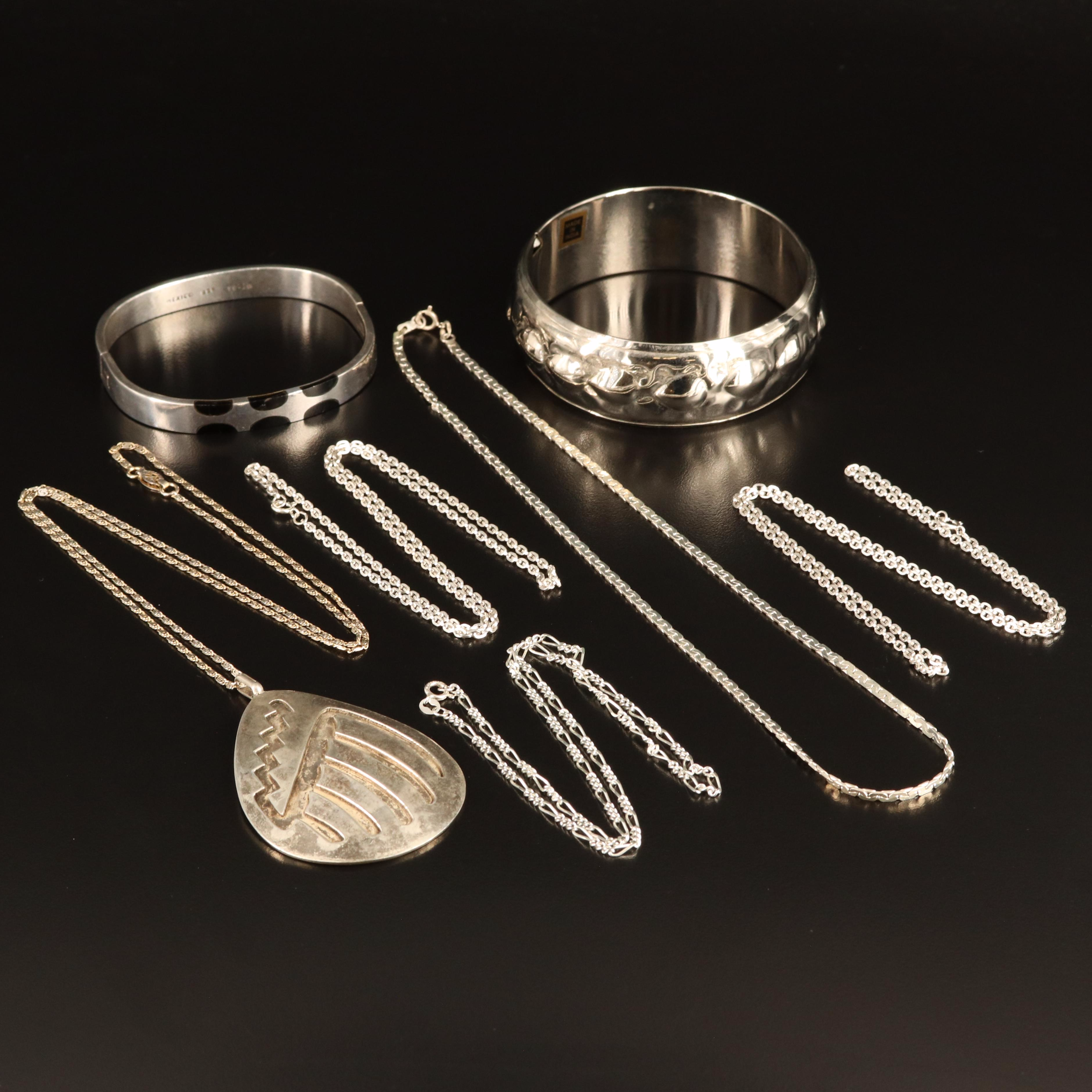 Mexican Hinged Inlay Bangle, Sterling and Overlay Pendant Featured in Jewelry