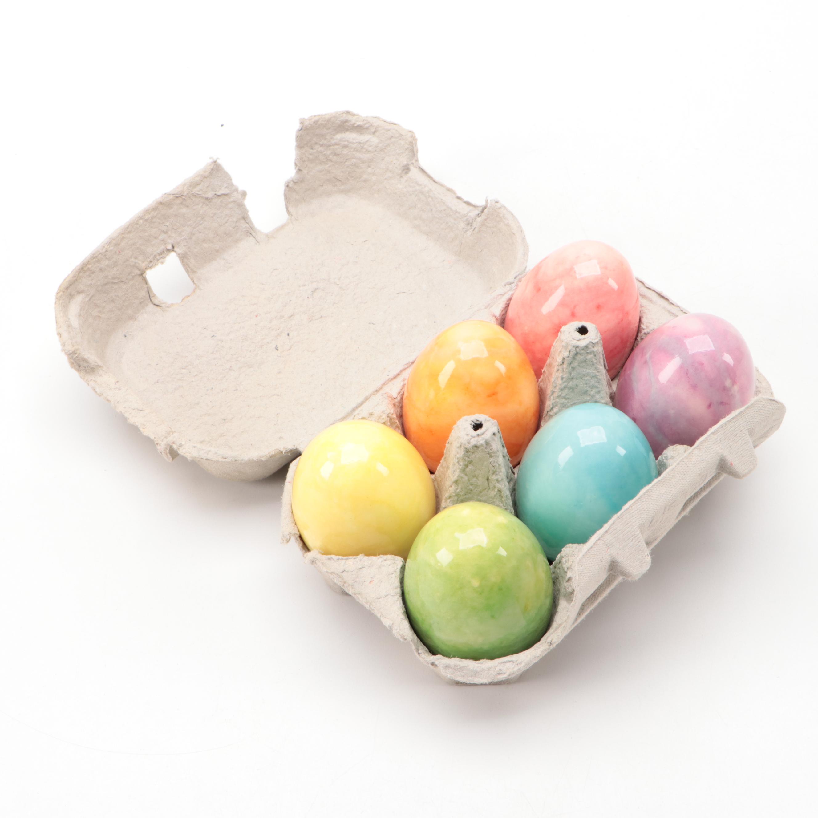 Multicolored Ceramic Easter Egg Figurines with Egg Carton
