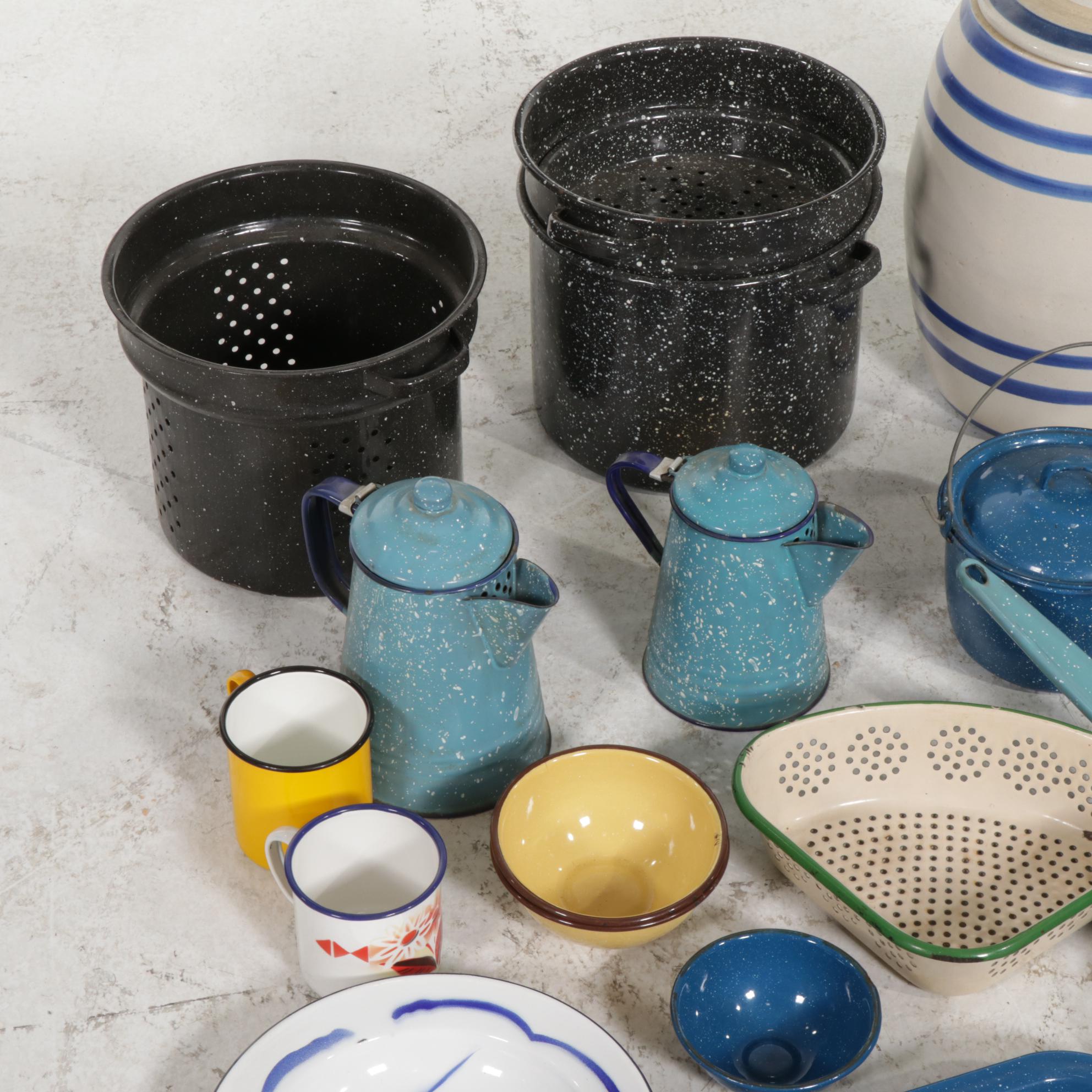 Stoneware Water Cooler with Spatterware and Other Enamelware and Dishes