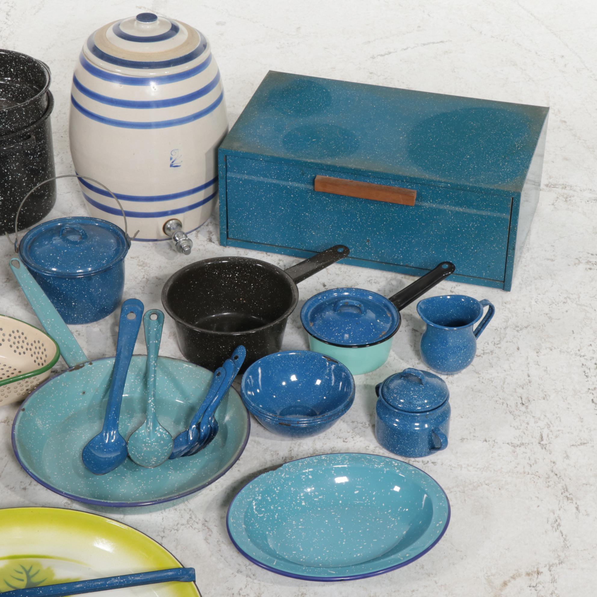 Stoneware Water Cooler with Spatterware and Other Enamelware and Dishes